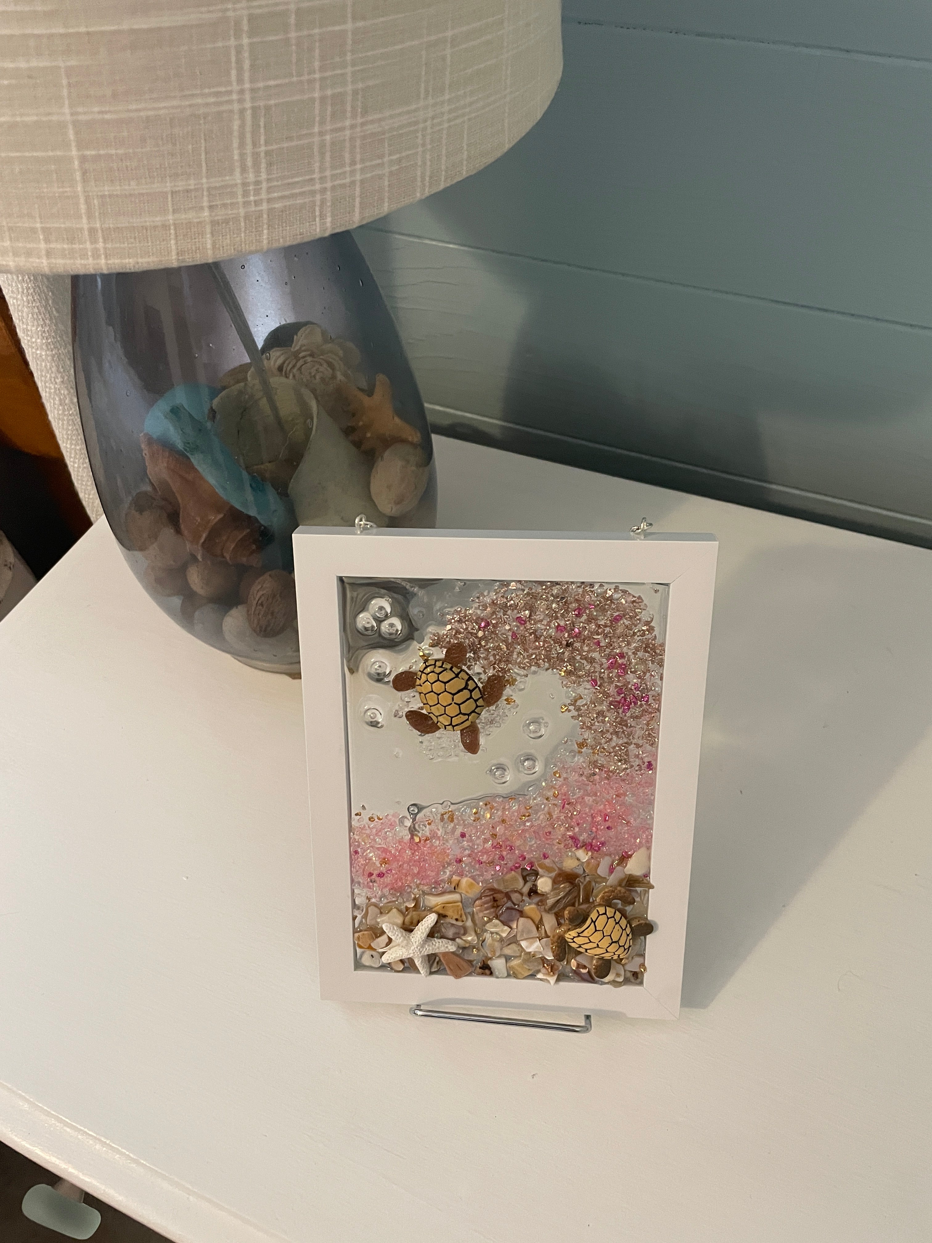 Sea Turtles Playing in Ocean Surf - 5x7 Coastal Crushed Glass Art