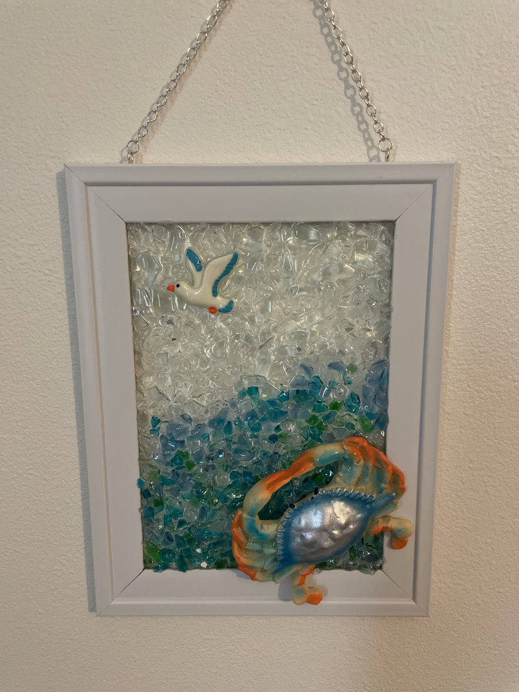 Crab Beach Art | 5x7 Coastal Wall Decor with Crushed Glass