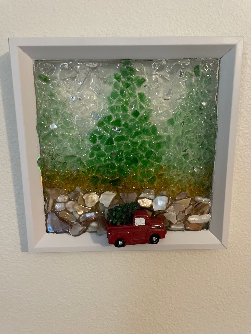 Red Truck Christmas Tree Art | 5x7 Holiday Forest Crushed Glass Decor