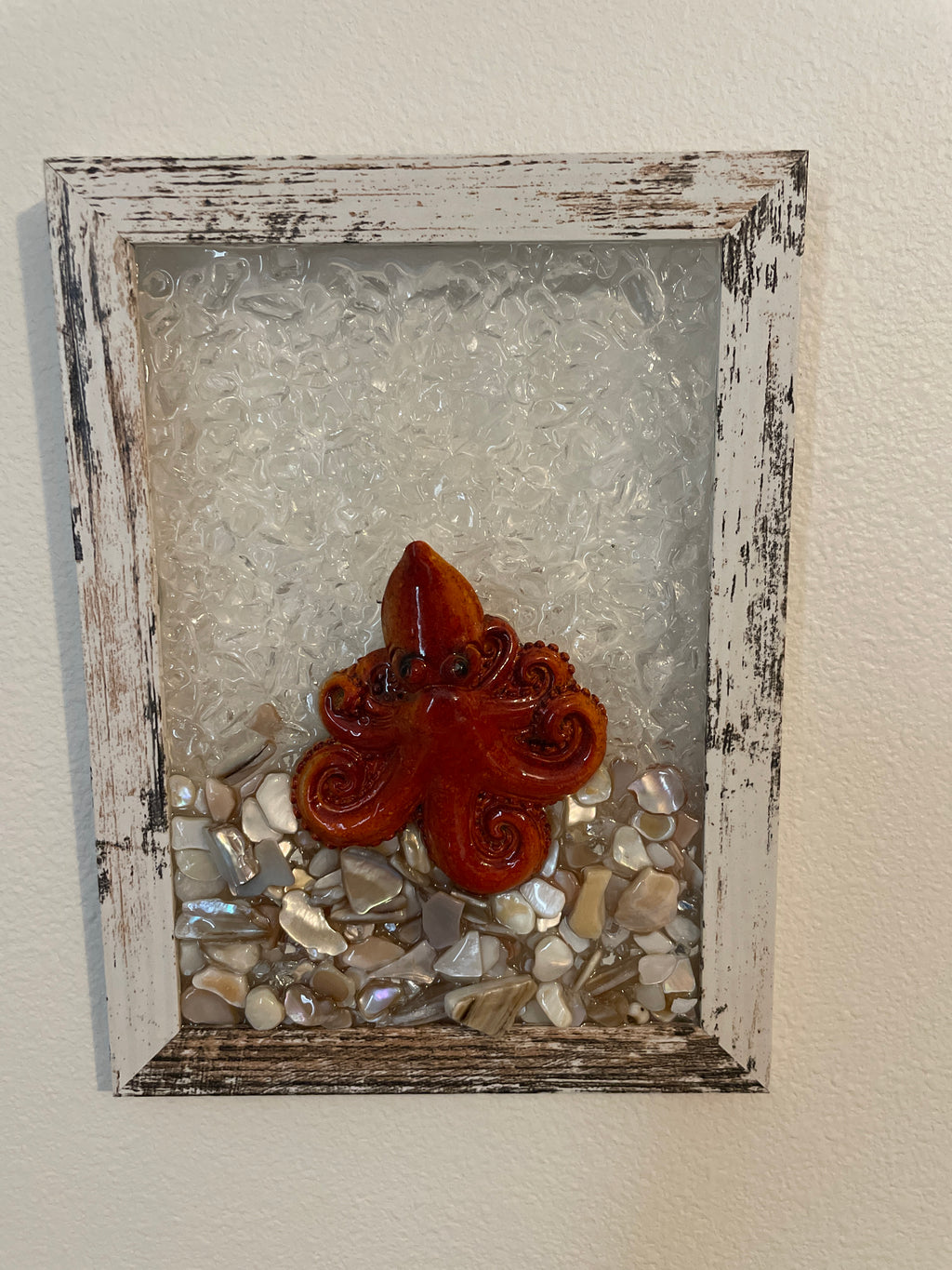 Octopus on Sandy Beach - 5x7 Coastal Crushed Glass Art