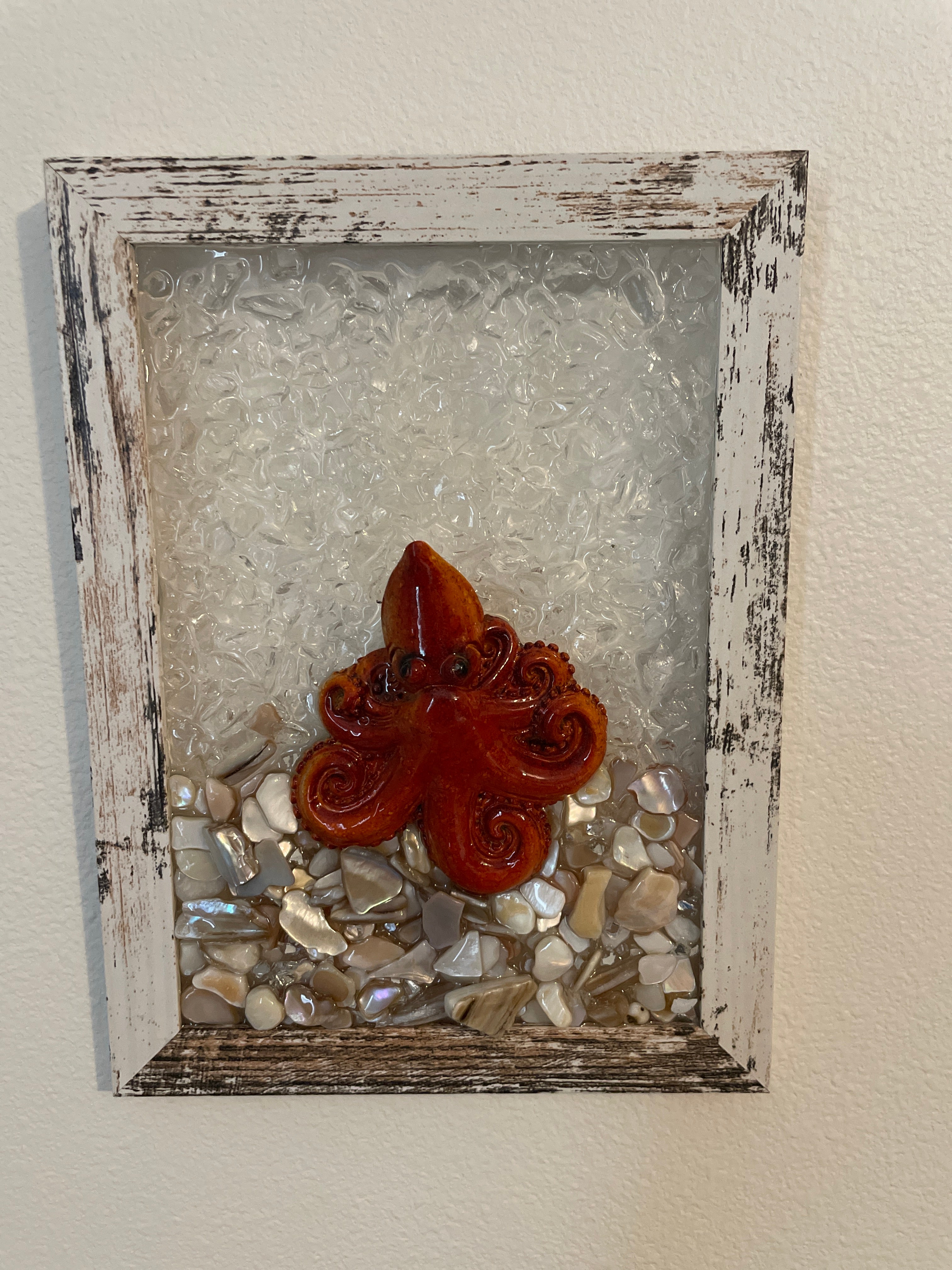 Octopus on Sandy Beach - 5x7 Coastal Crushed Glass Art