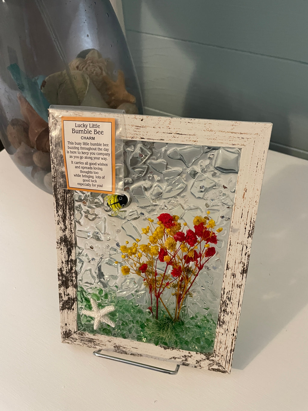 Bumble Bee Good Luck Card - 5x7 Handcrafted Art with Crushed Glass