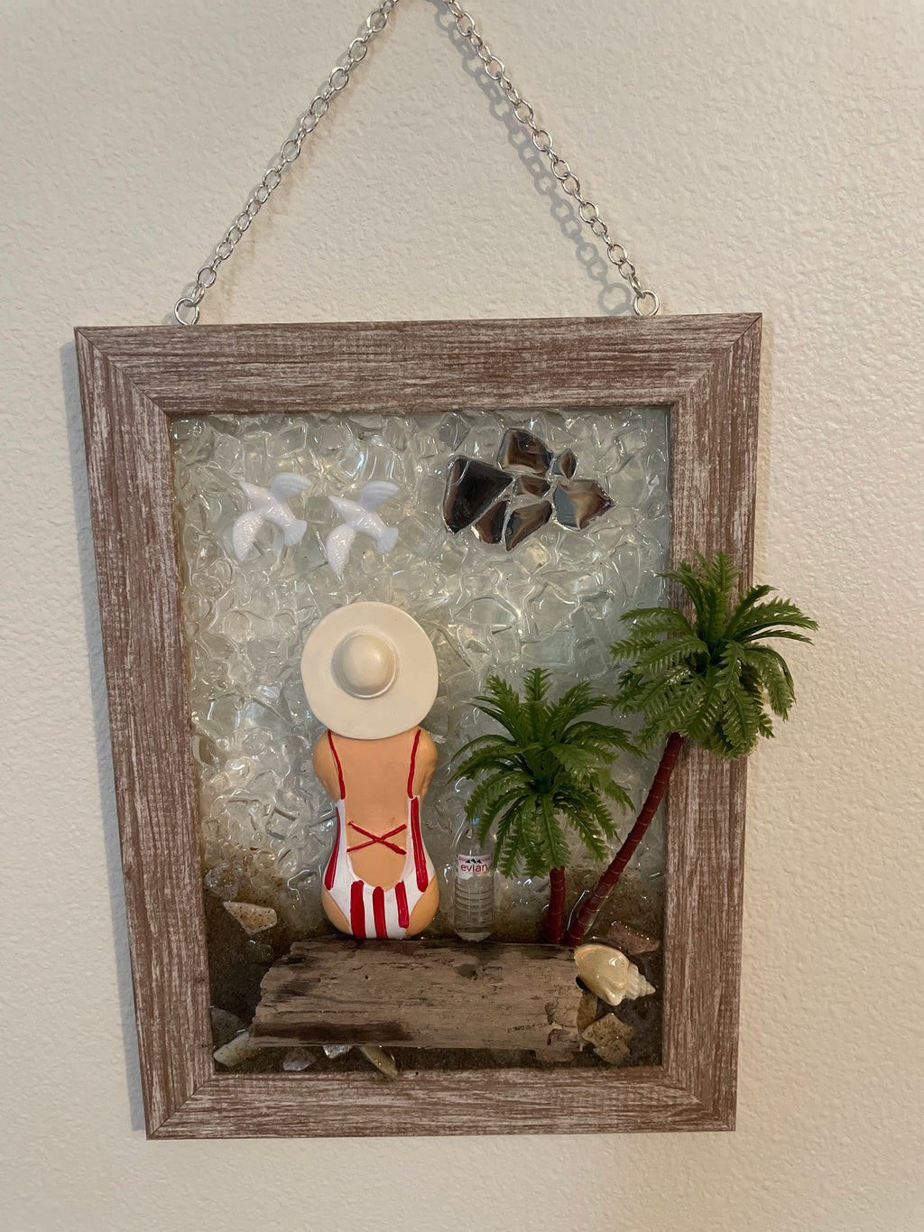 Beach Babe on Driftwood Log - 5x7 Crushed Glass Coastal Art
