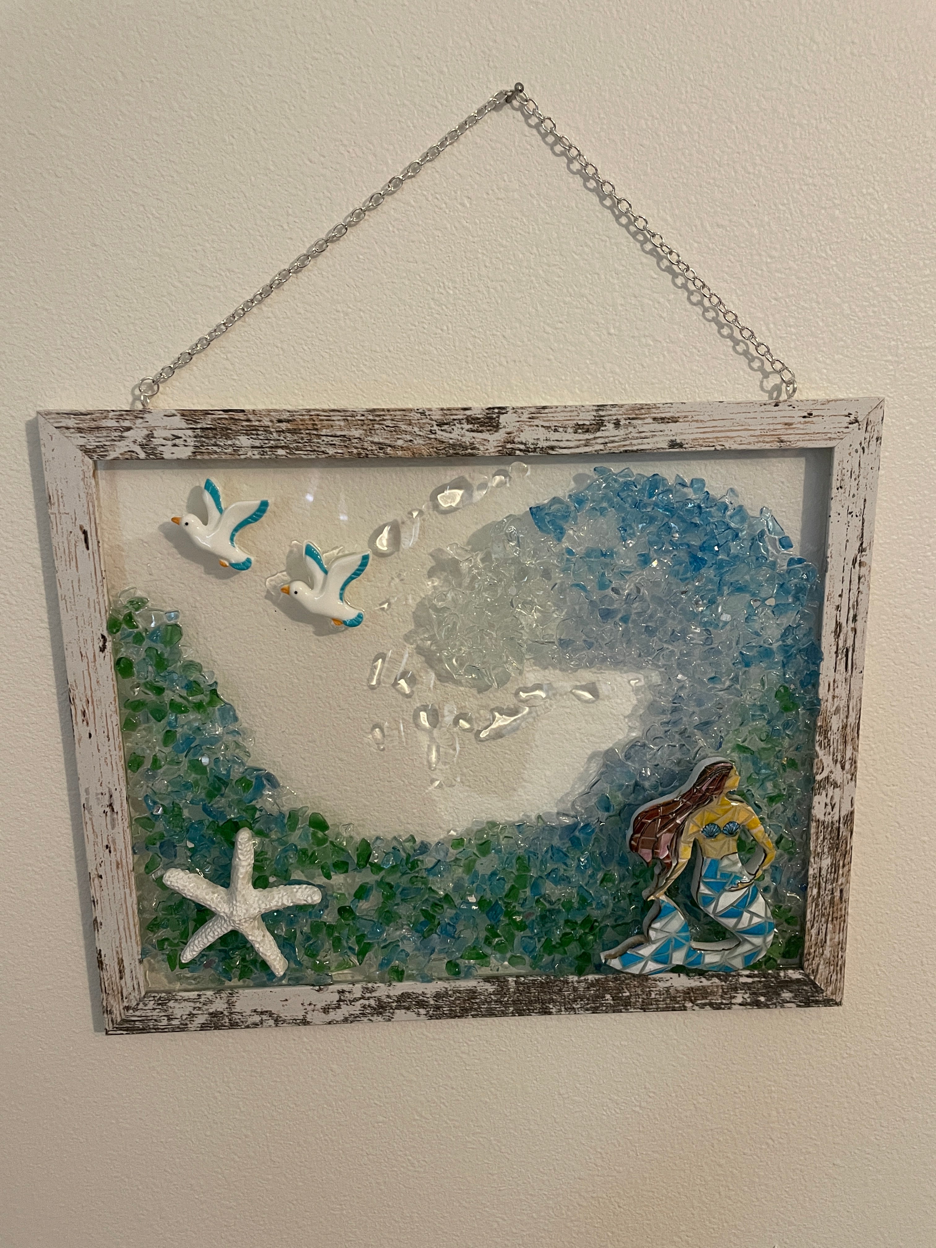 Mermaid in Ocean Wave - 8x10 Crushed Glass Coastal Art with Mermaid