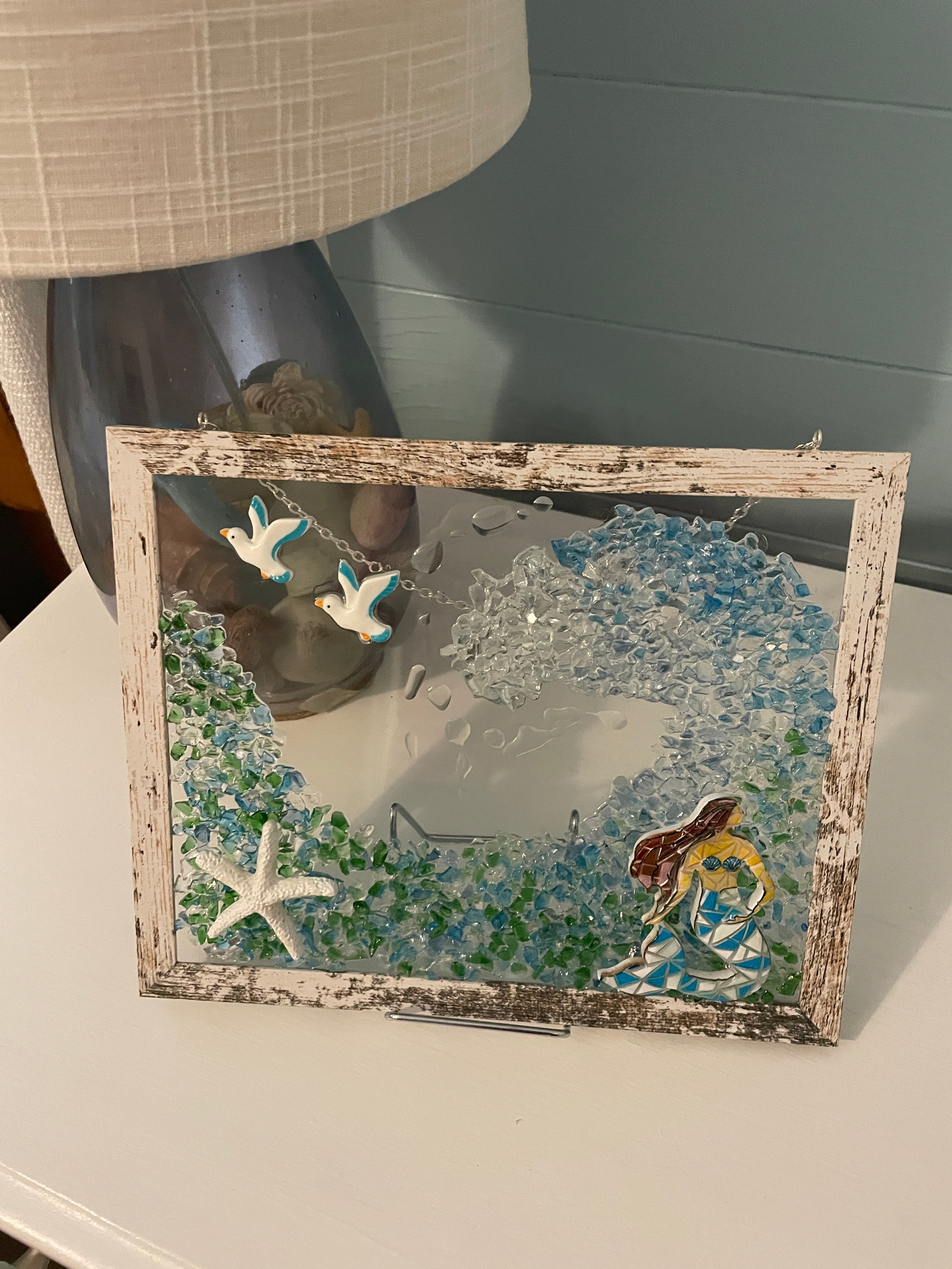 Mermaid in Ocean Wave - 8x10 Crushed Glass Coastal Art with Mermaid