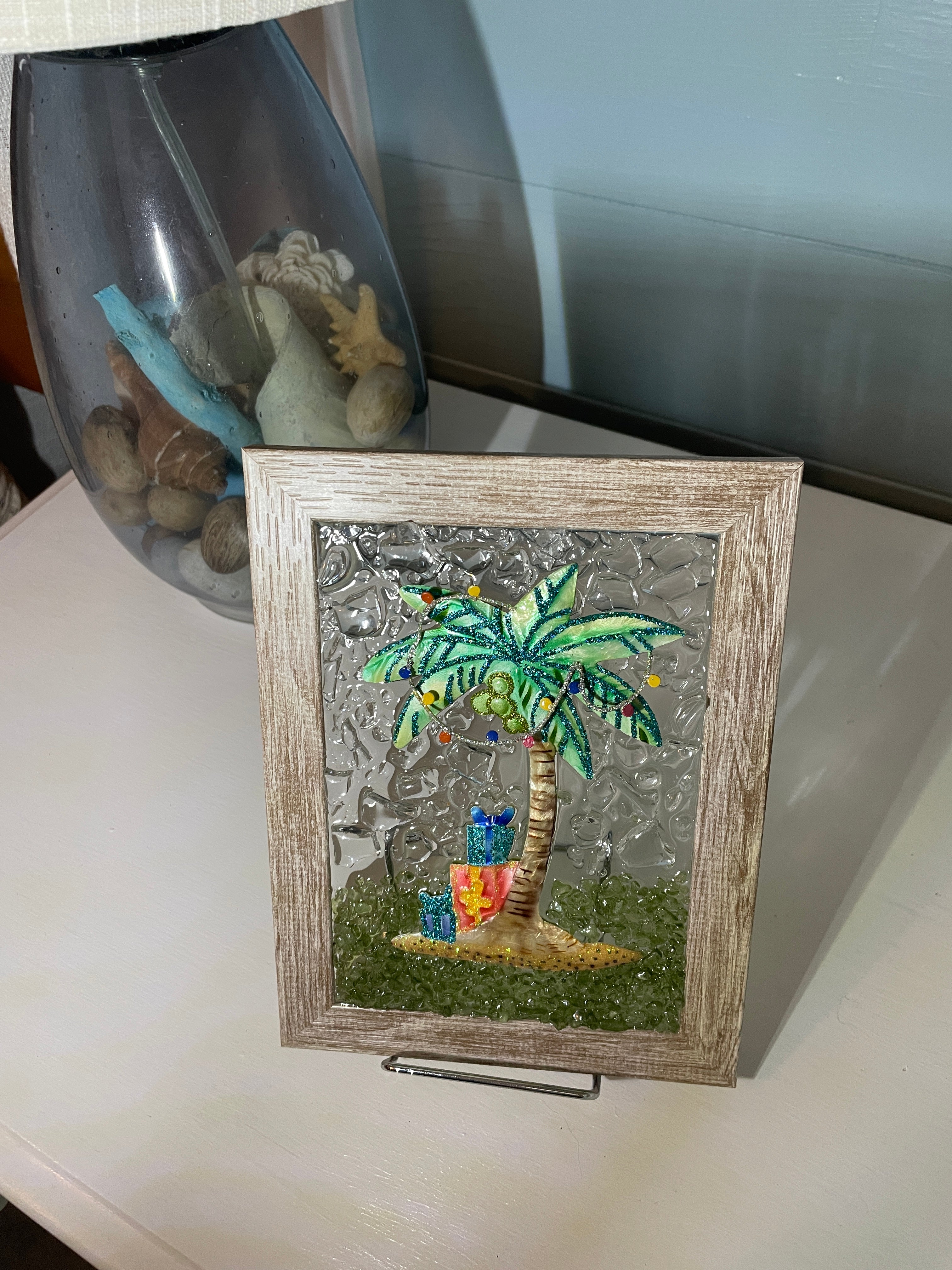 Coastal Christmas Palm Tree with Decorative Lights Crushed Glass Picture