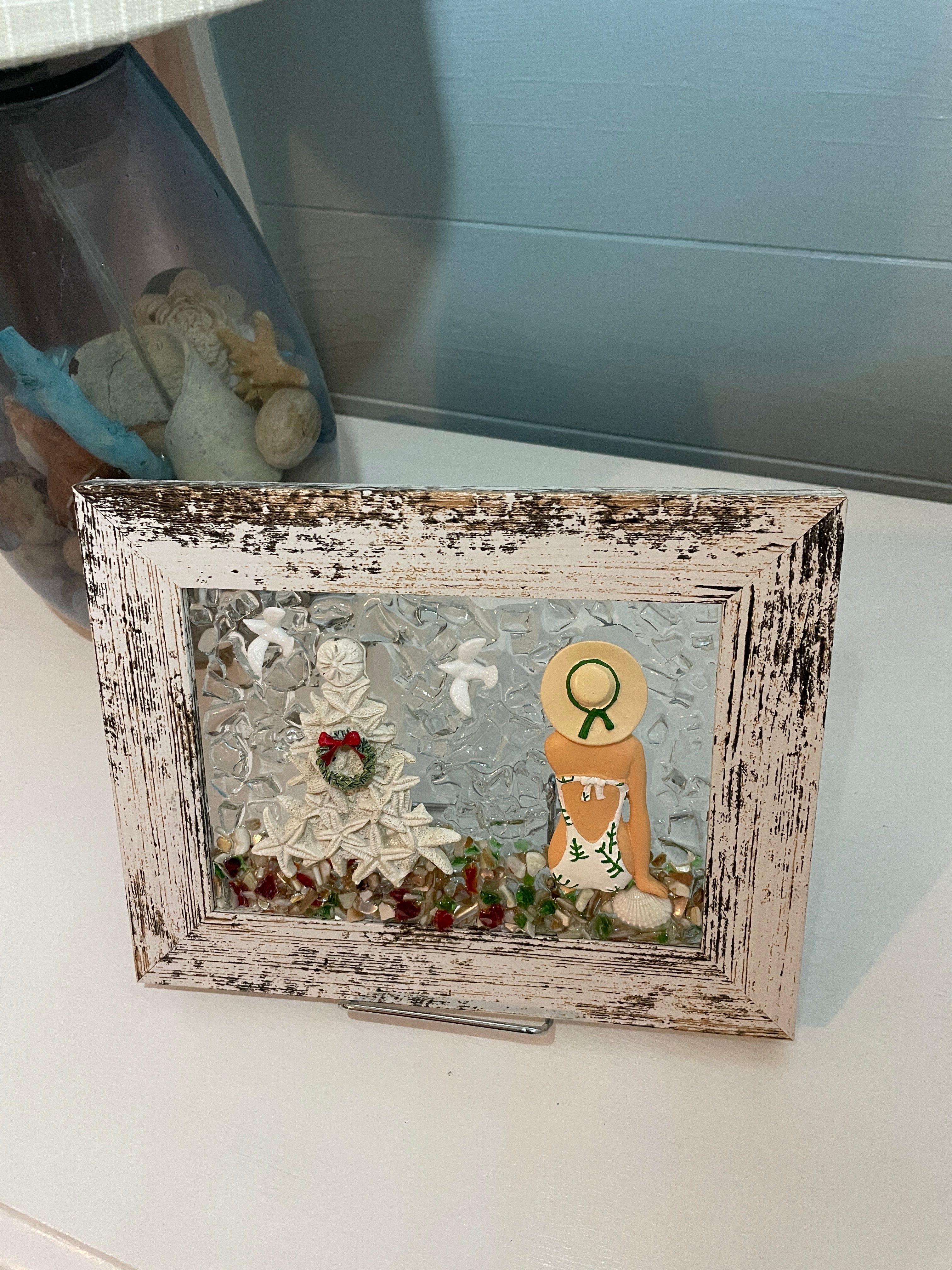 Coastal Christmas Beach Lady with Starfish Tree - 5x7 Handcrafted Holiday Art