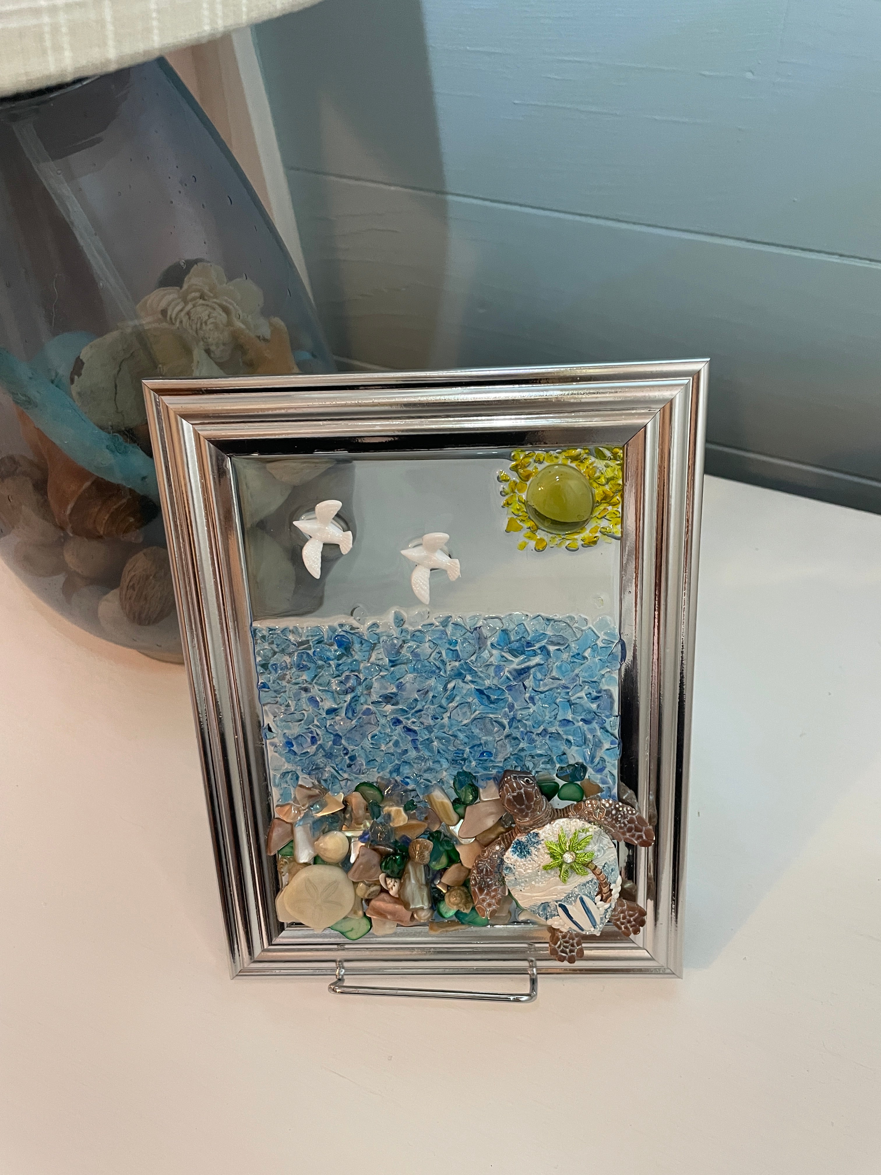 Sea Turtle Crushed Glass Art - Beach Scene with Seagulls & Sand Dollar (5' x 7")