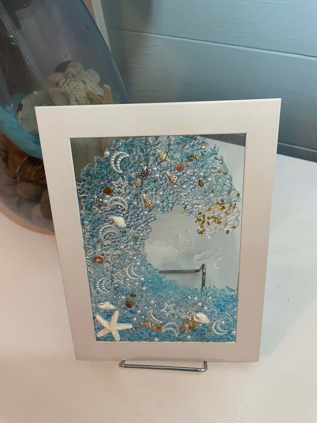 Ocean Wave Crushed Glass Art - Starfish, Shells & Faux Pearl Accents (5" x 7")