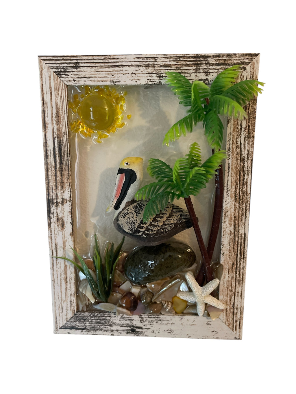 Pelican on Rock Crushed Glass Art - Palm Trees Beach Scene (6" x 4")