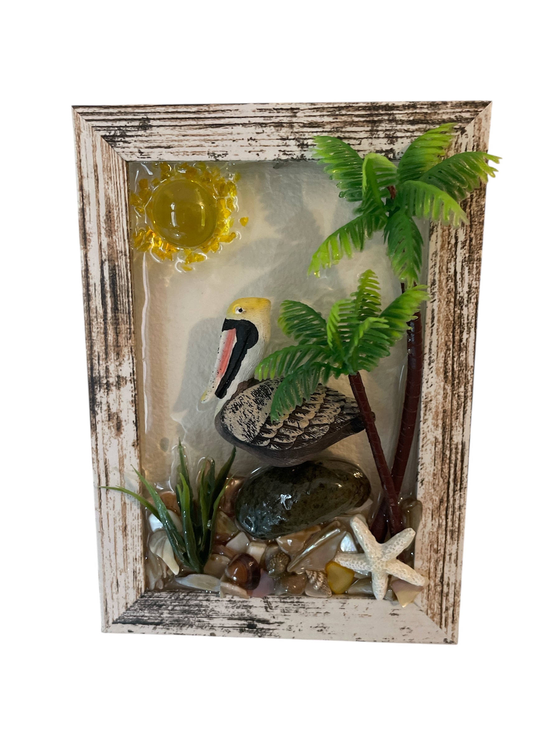 Pelican on Rock Crushed Glass Art - Palm Trees Beach Scene (6" x 4")