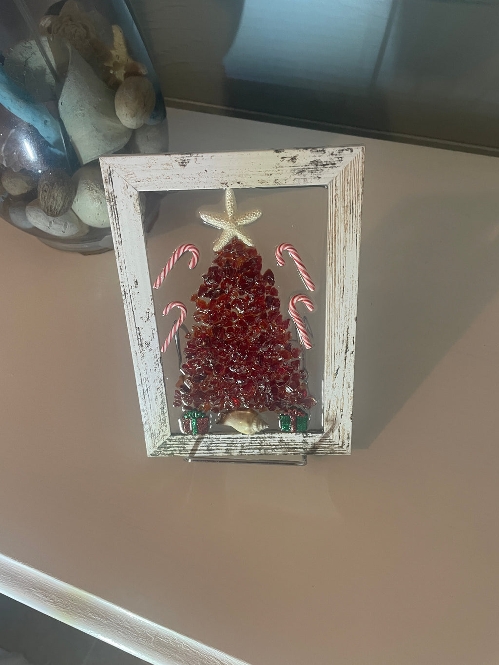 Coastal Christmas Tree Crushed Glass Art - Seashell Trunk & Candy Canes (4" x 6")