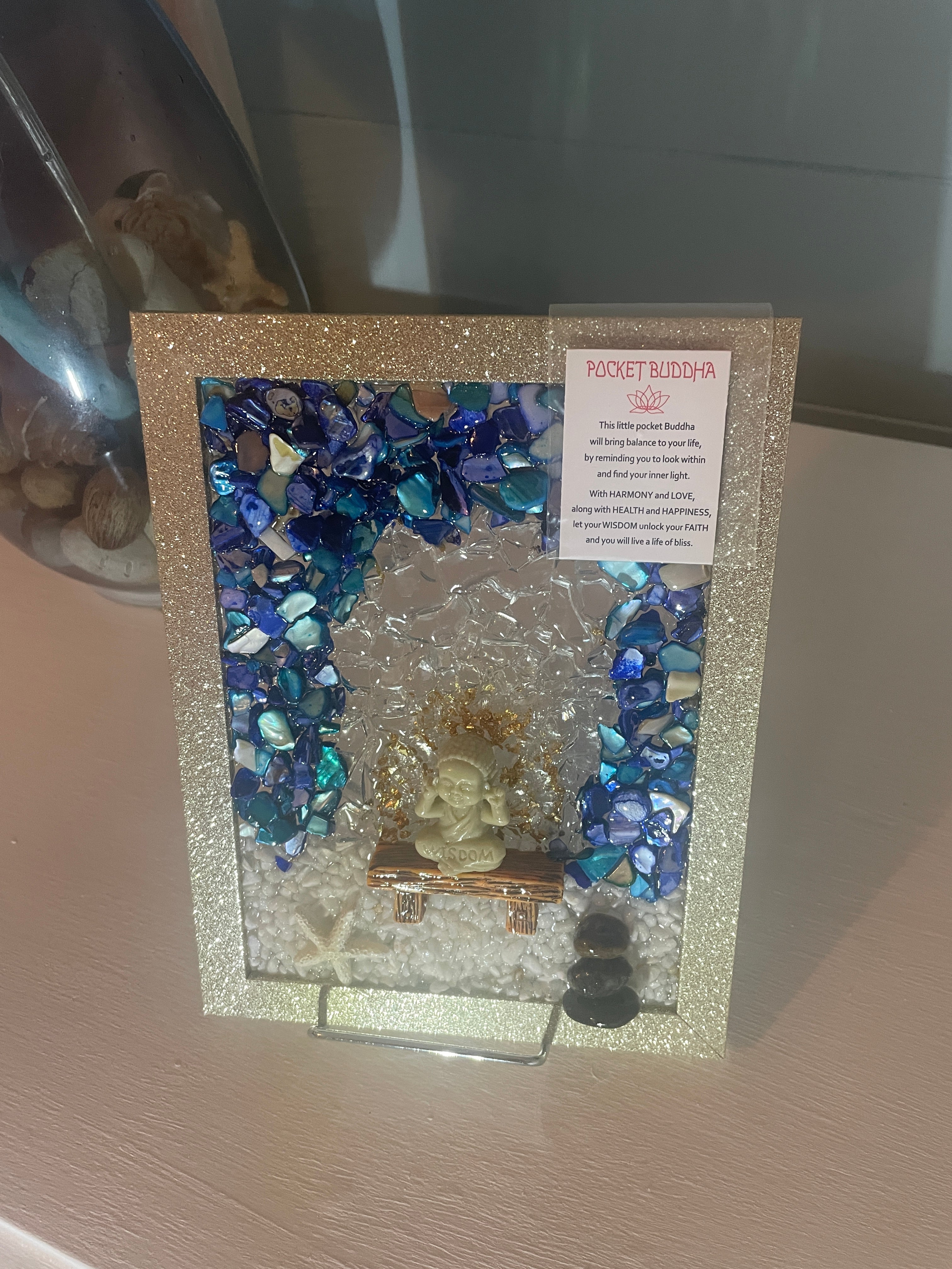 Buddha Wisdom Crushed Glass Art - Zen Stacked Rocks & Starfish (5" x 7")
