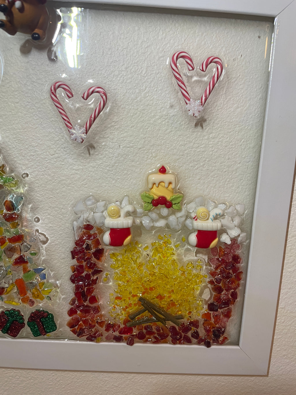 Christmas Scene Crushed Glass Art - Colorful Tree & Cozy Fireplace (8x10)