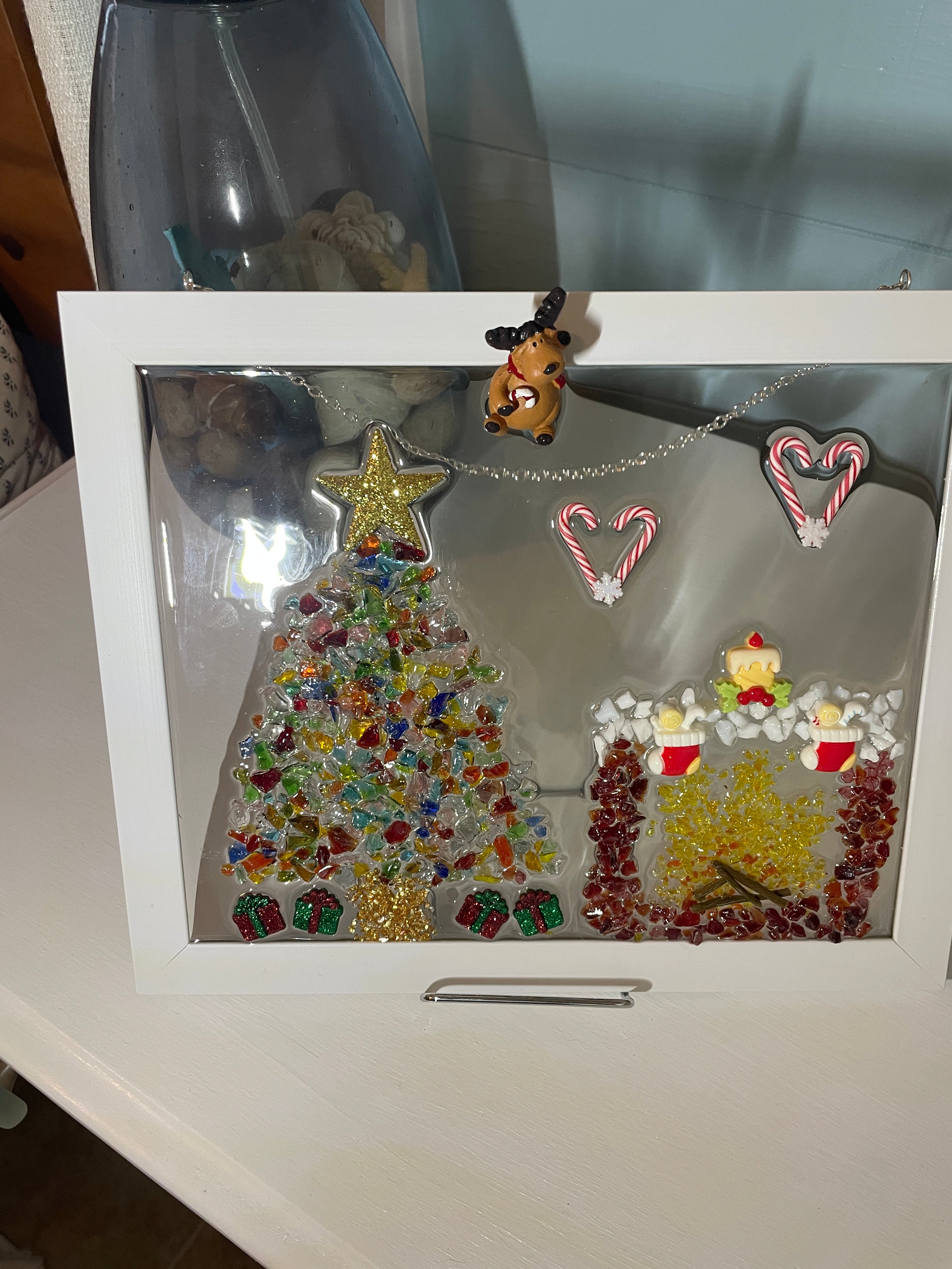 Christmas Scene Crushed Glass Art - Colorful Tree & Cozy Fireplace (8x10)