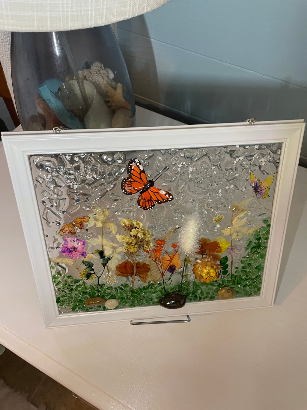 Vibrant Garden with 3D Monarch Butterfly - 8x10 Crushed Glass Nature Art