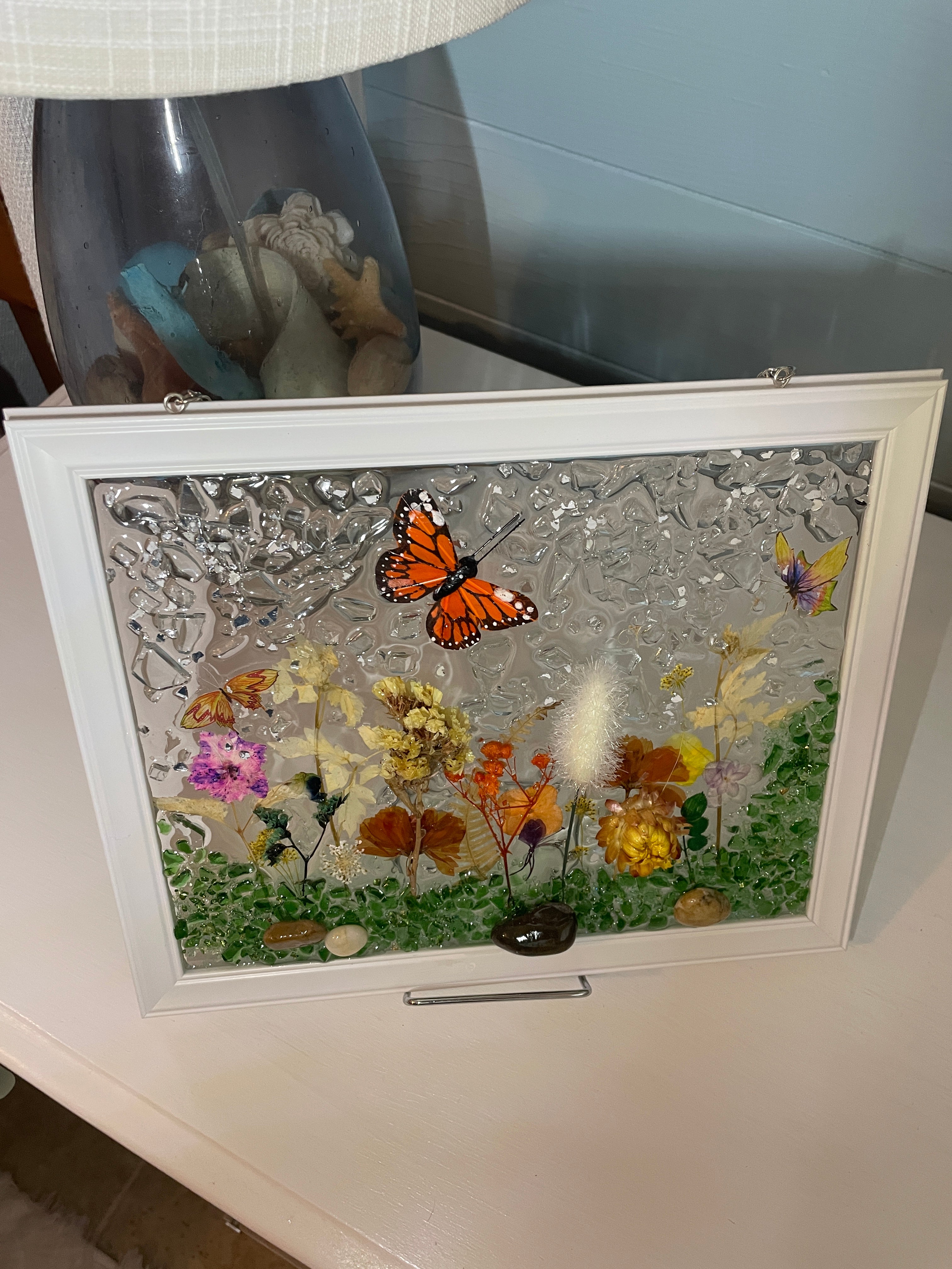 Vibrant Garden with 3D Monarch Butterfly - 8x10 Crushed Glass Nature Art