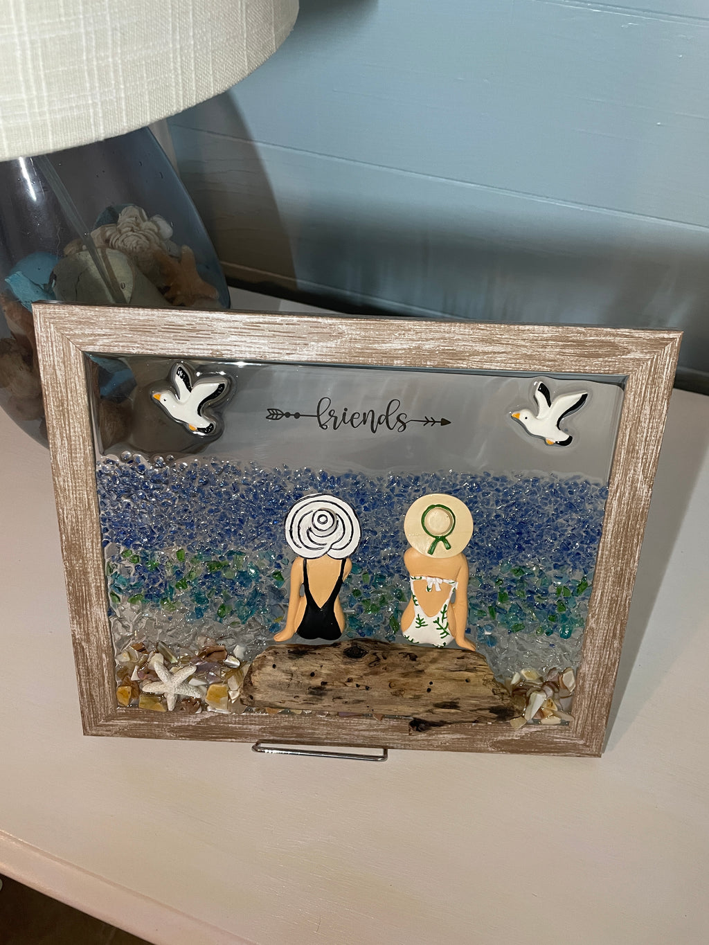 Beach Friends Crushed Glass Art - Two Friends on Driftwood Log (8" x 10")