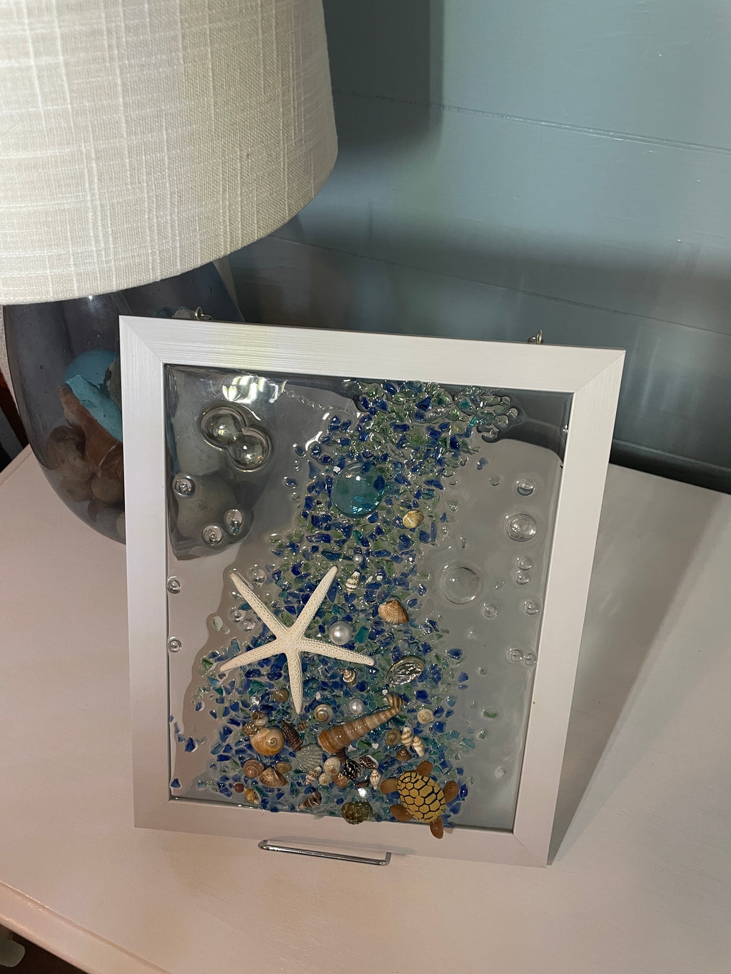 Ocean Waterfall in Blue - 11" x 9" Crushed Glass Coastal Art with Shells, Turtle & Starfish