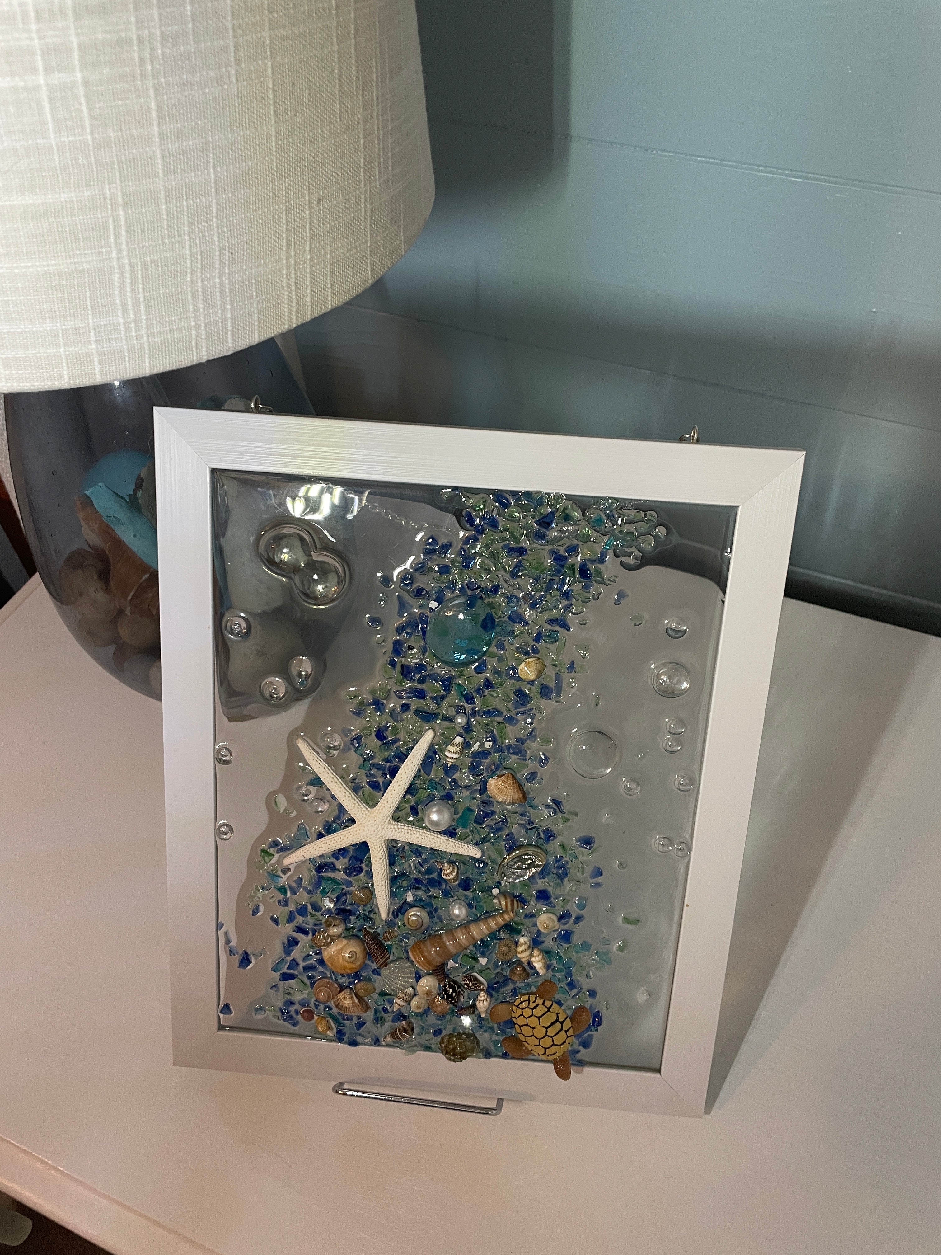 Ocean Waterfall in Blue - 11" x 9" Crushed Glass Coastal Art with Shells, Turtle & Starfish