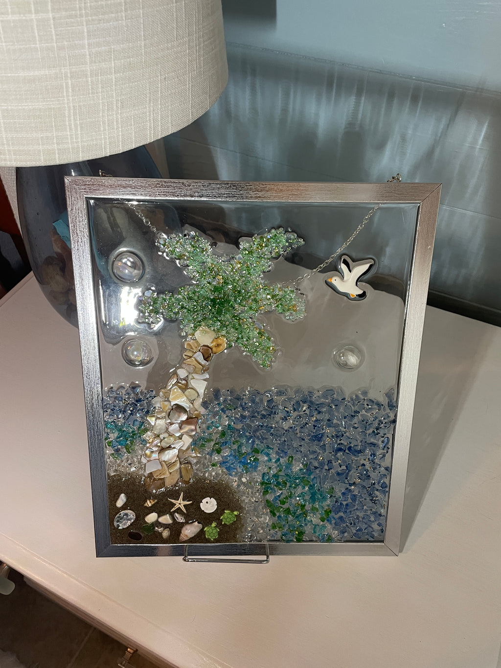 Palm Tree by the Beach - 12x10 Framed Crushed Glass Coastal Art with Real Sand & Sea Glass