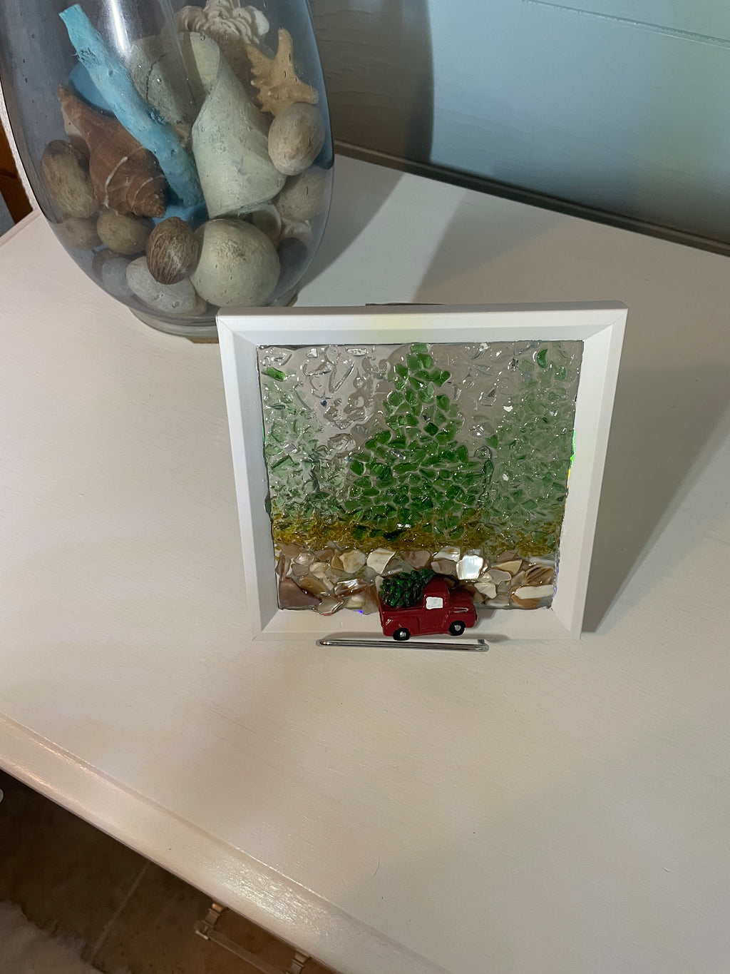 Red Truck with Tree - 6x6 Handcrafted Holiday Art Driving Through Forest