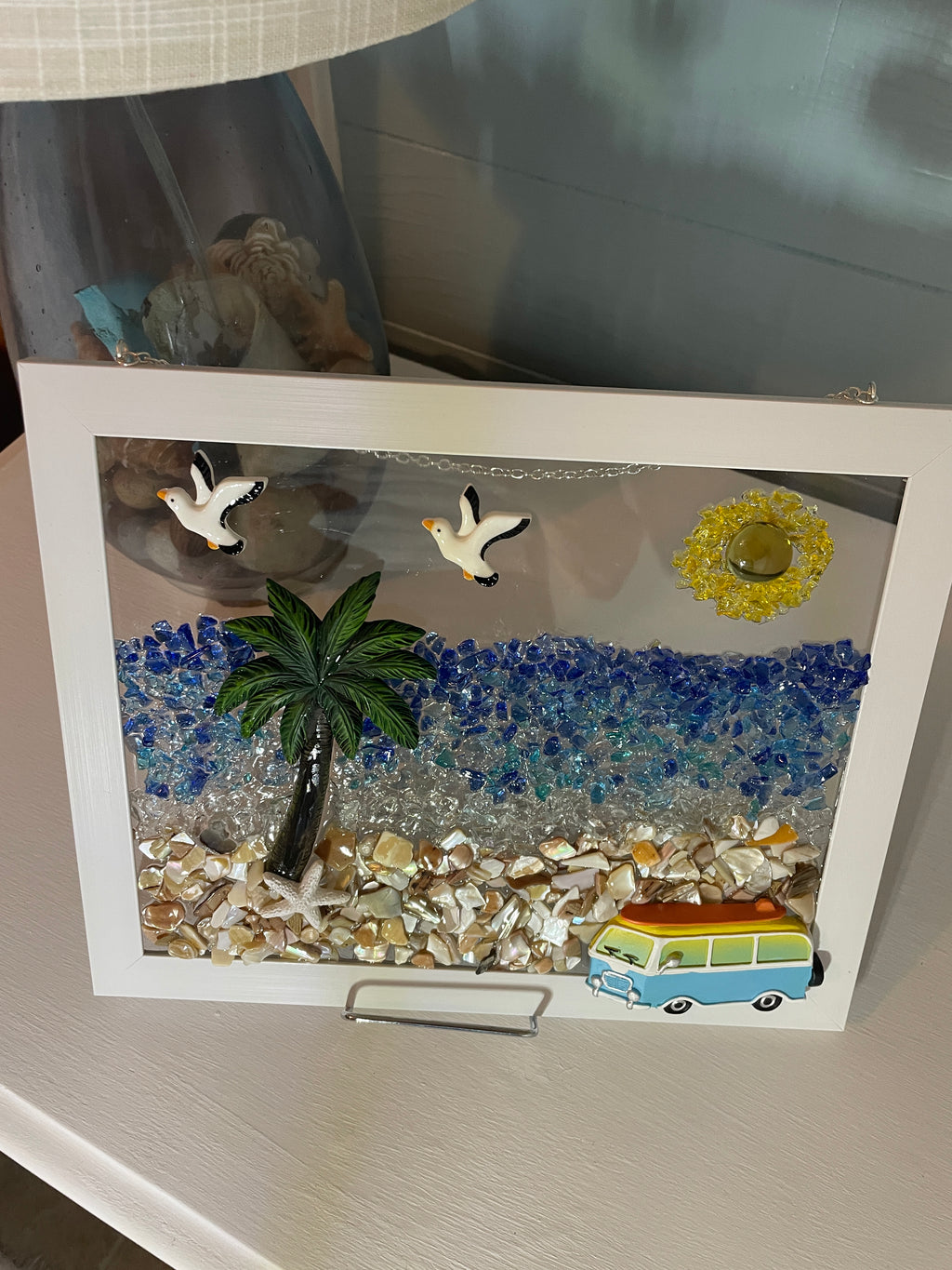 VW Bus Beach Adventure - 8x10 Coastal Art with 3D Resin Bus & Palm Tree and Crushed Glass