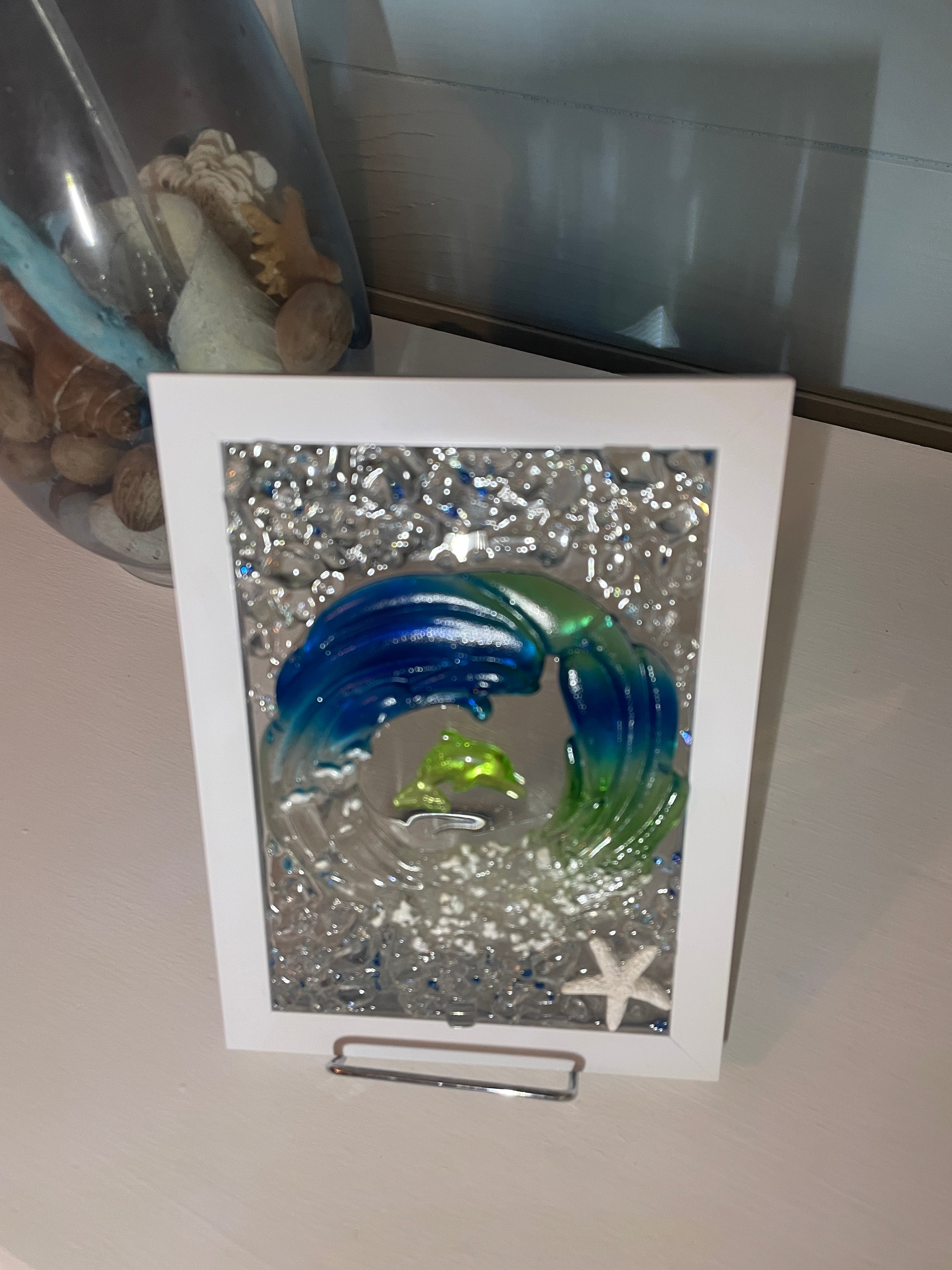 Abstract Wave with Dolphin - 5x7 Crushed Glass Coastal Art with Starfish