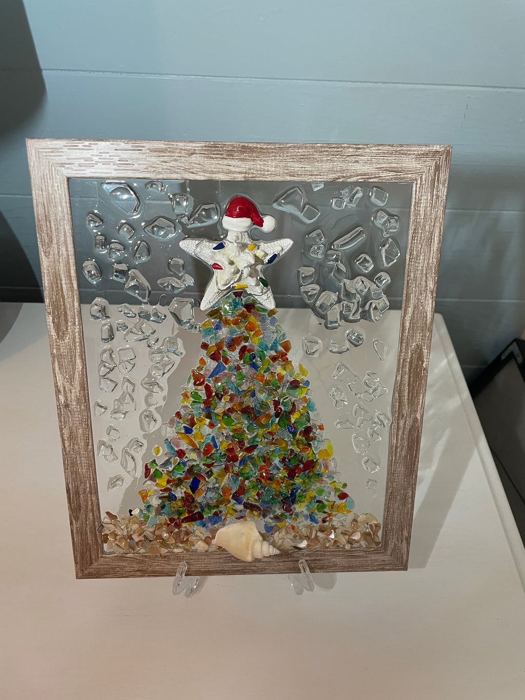 Colorful Christmas Tree on the Beach - 8" x 10" Crushed Glass Holiday Art