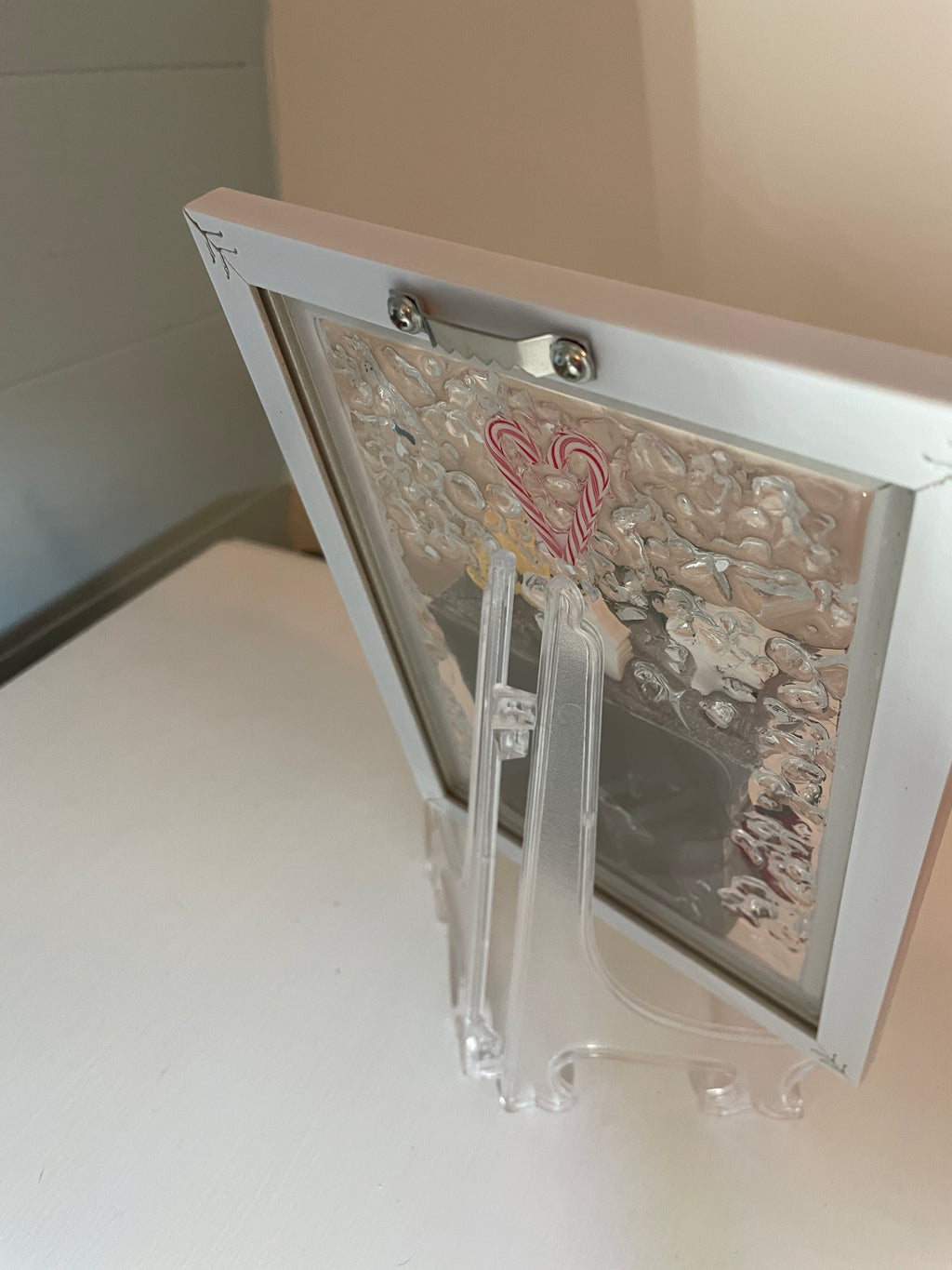 Fireplace Candy Cane Heart Art 5" x 7" - Holiday Crushed Glass Decor