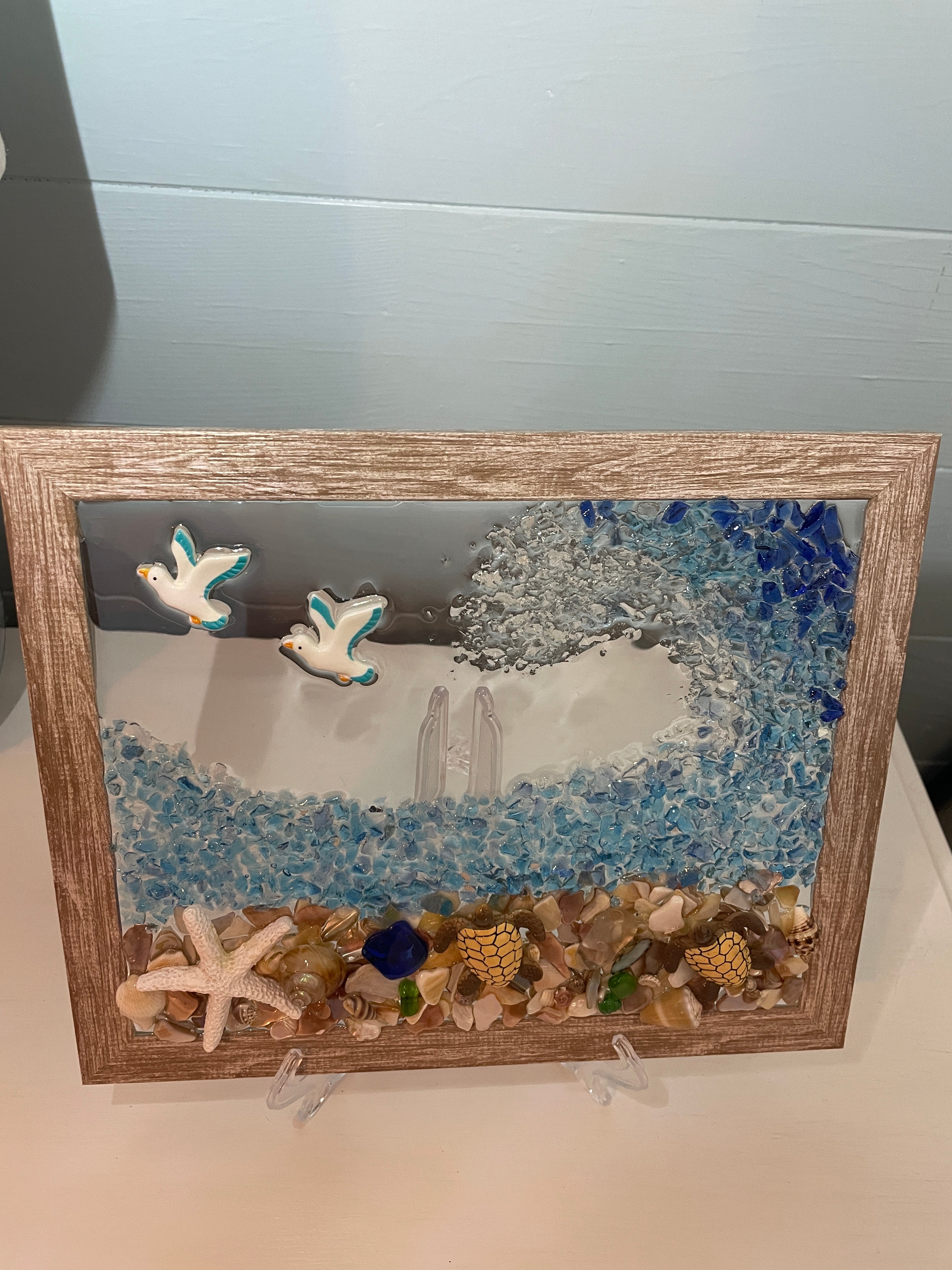 Sea Glass Shore Art 8x10 - Real Sea Glass Turtles Starfish Coastal Decor