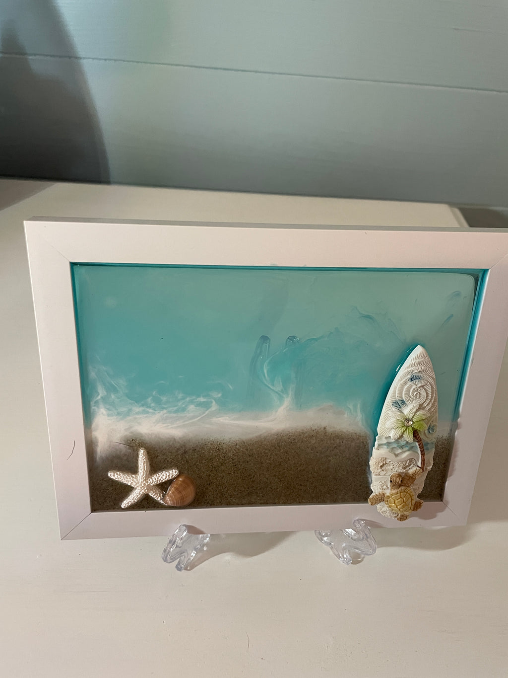 Beach Scene Art 5" x 7" - Coastal Decor with decorative surfboard