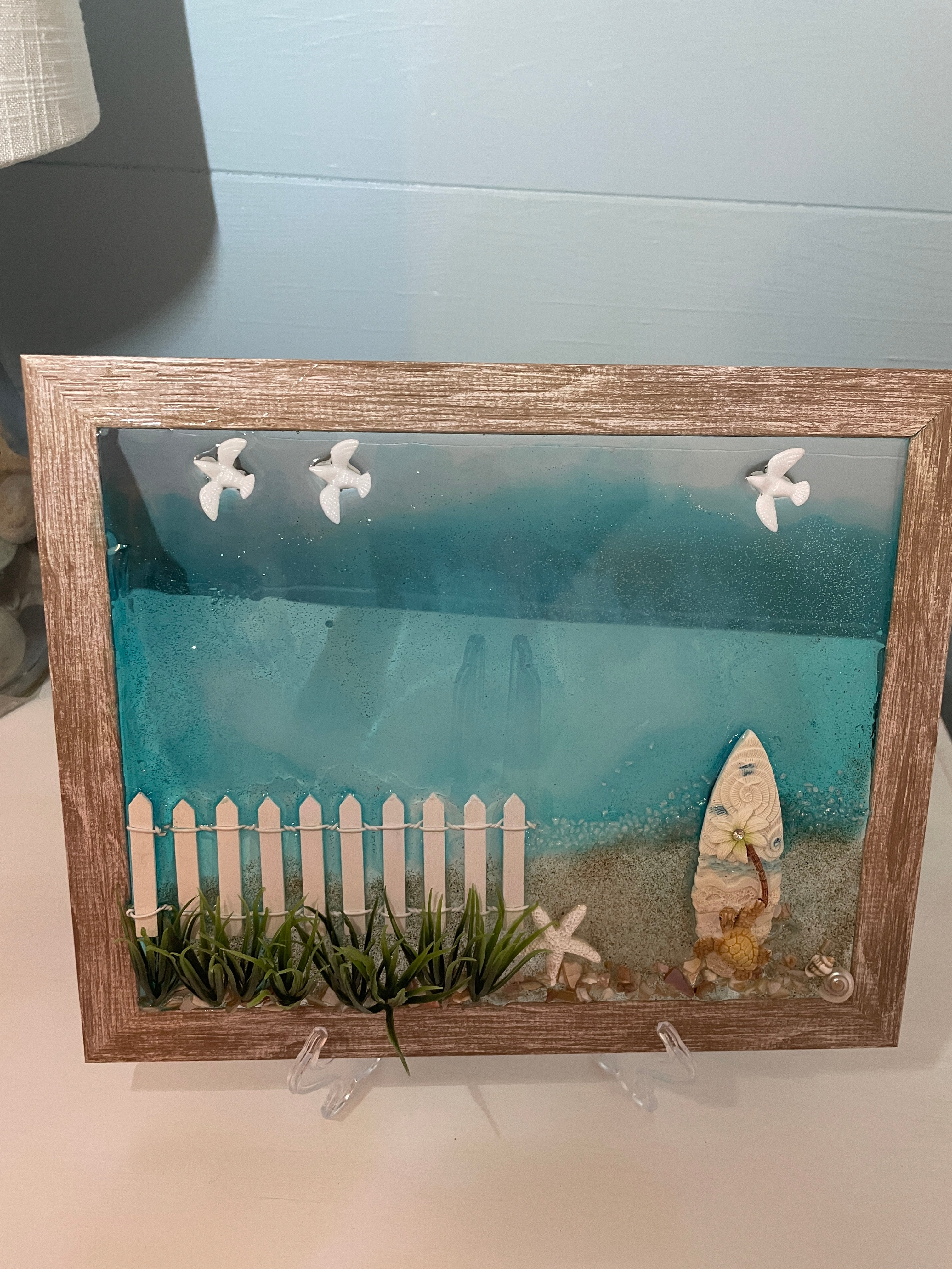 Beach Scene Art 8x10 - White Picket Fence Surfboard Coastal Decor