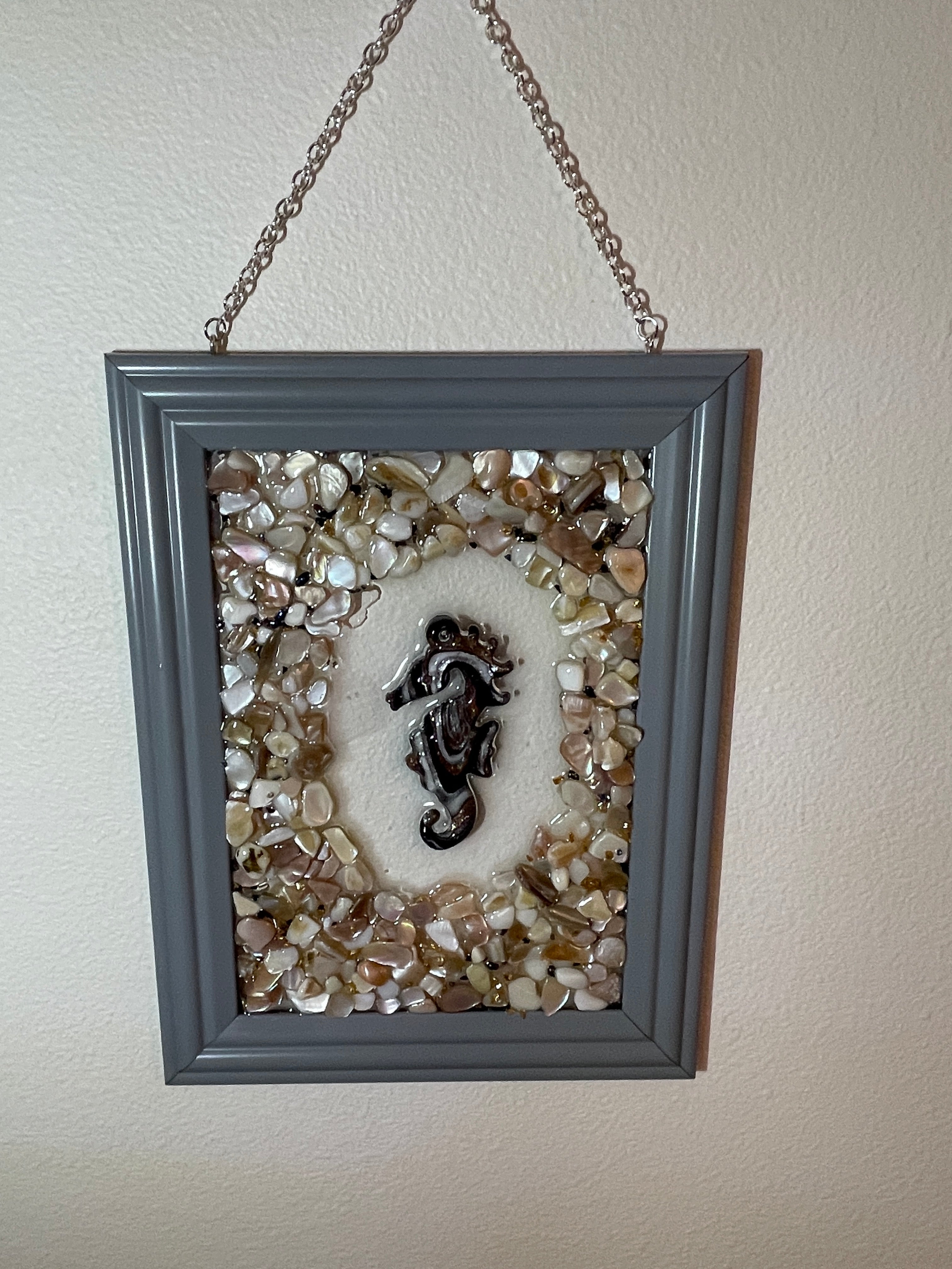Seahorse Crushed Shell Art - 5" x 7" Coastal Decor with Resin Seahorse