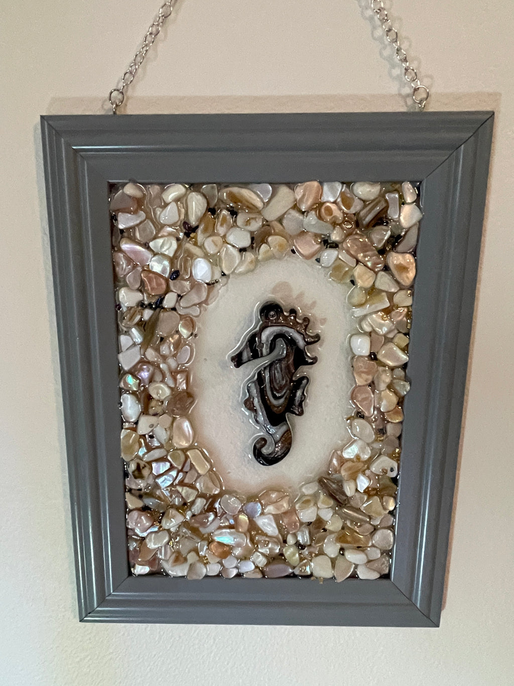 Seahorse Crushed Shell Art - 5" x 7" Coastal Decor with Resin Seahorse