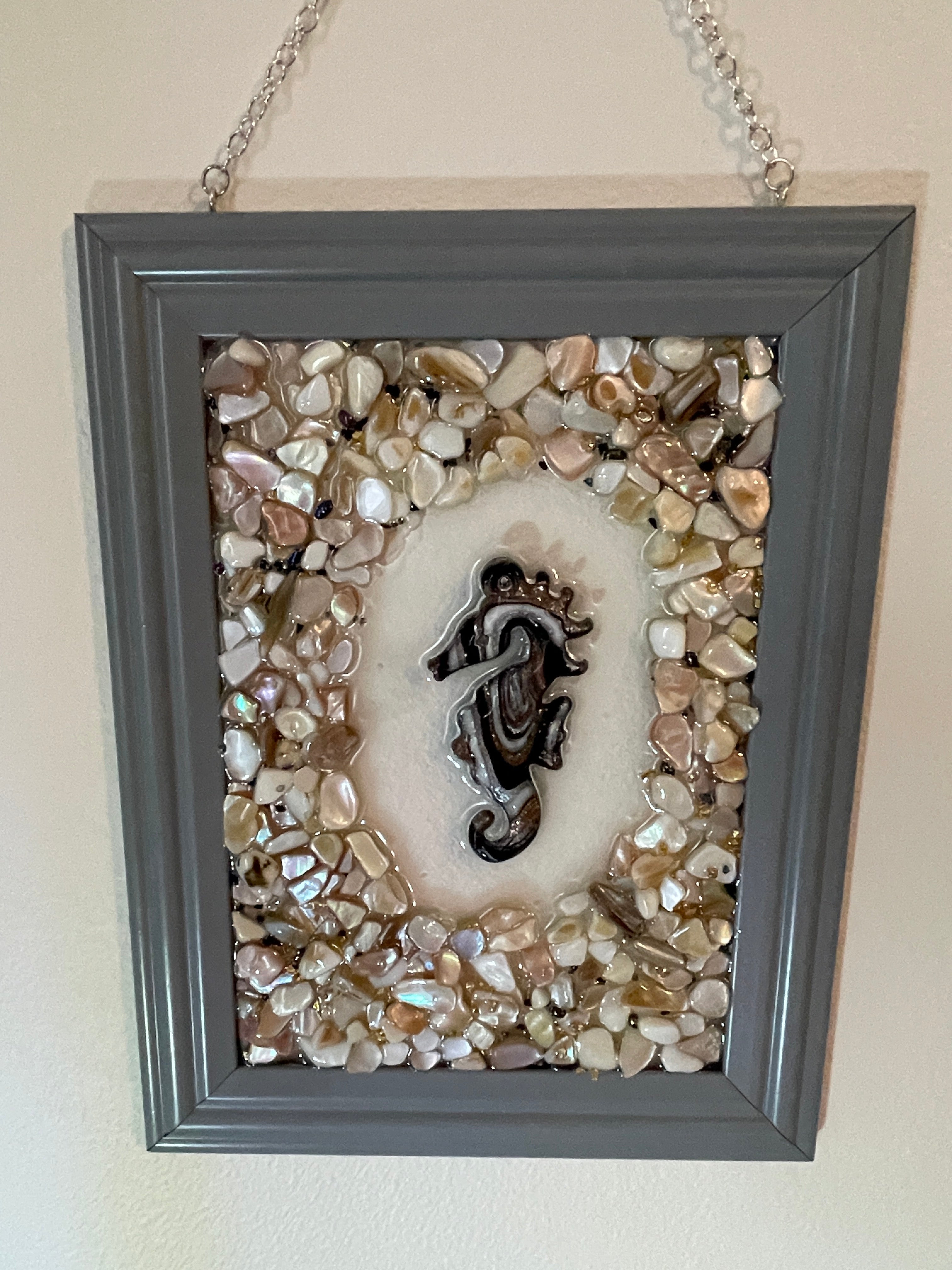 Seahorse Crushed Shell Art - 5" x 7" Coastal Decor with Resin Seahorse