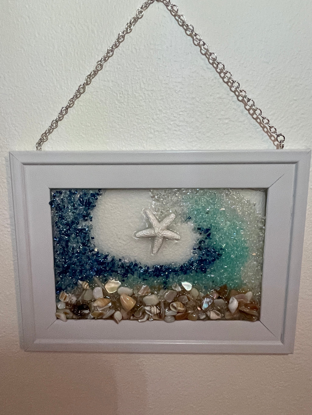 5" x 7" Beach Wave Art with Crushed Glass & Seashells - Coastal Decor