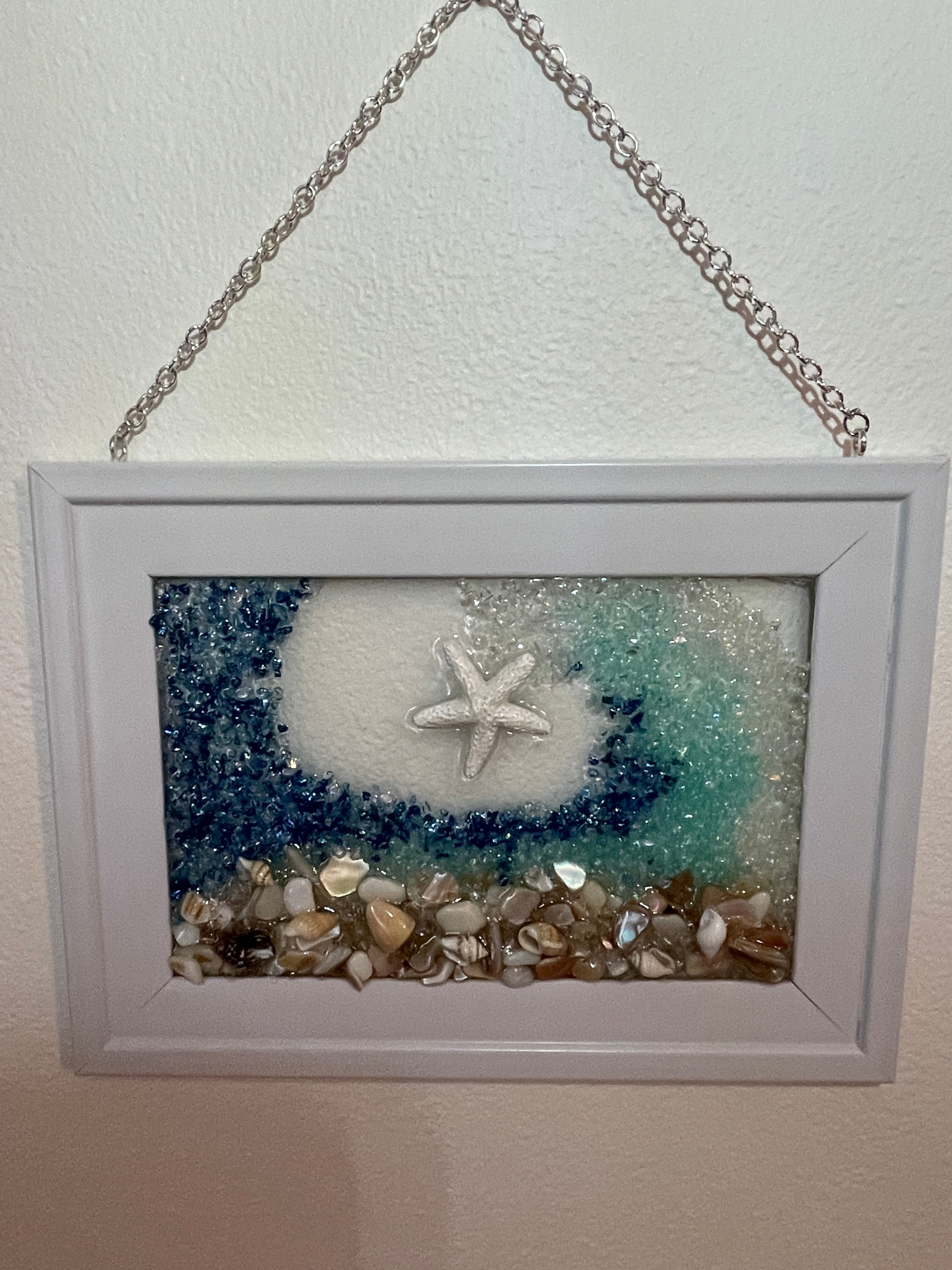 5" x 7" Beach Wave Art with Crushed Glass & Seashells - Coastal Decor