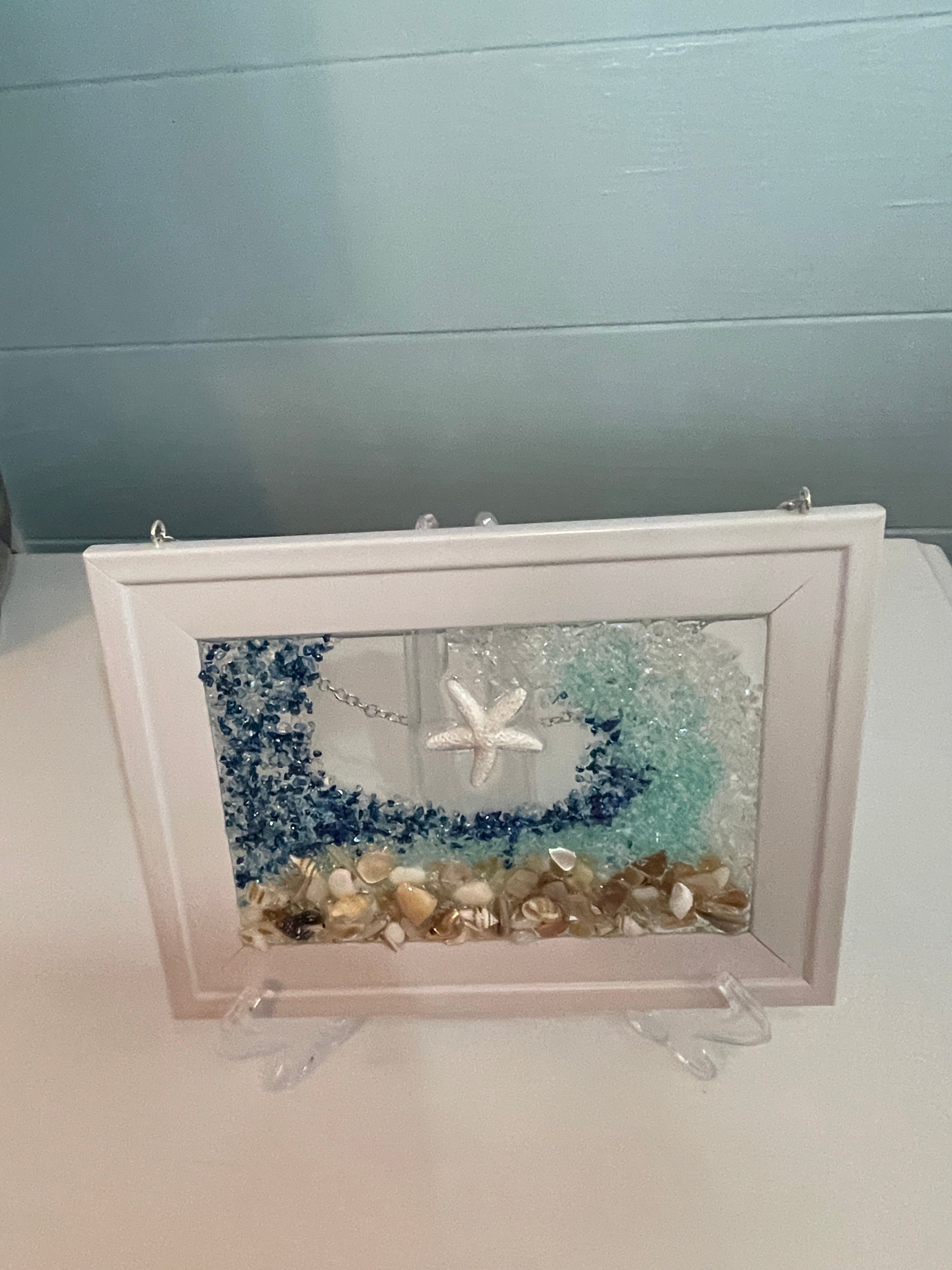 5" x 7" Beach Wave Art with Crushed Glass & Seashells - Coastal Decor