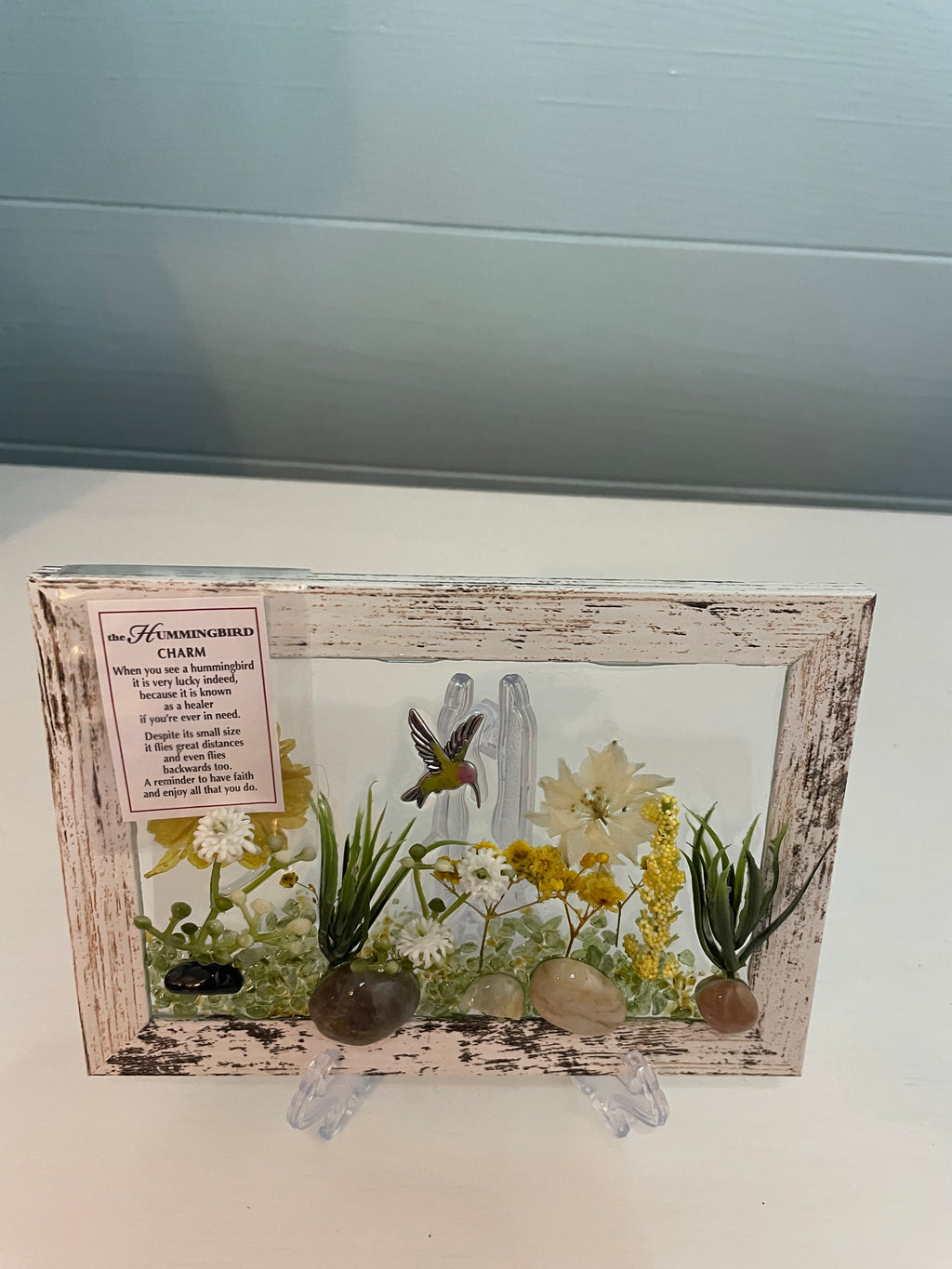 Hummingbird Inspirational Art 4" x 6" - Crushed Glass Decor with Uplifting Message