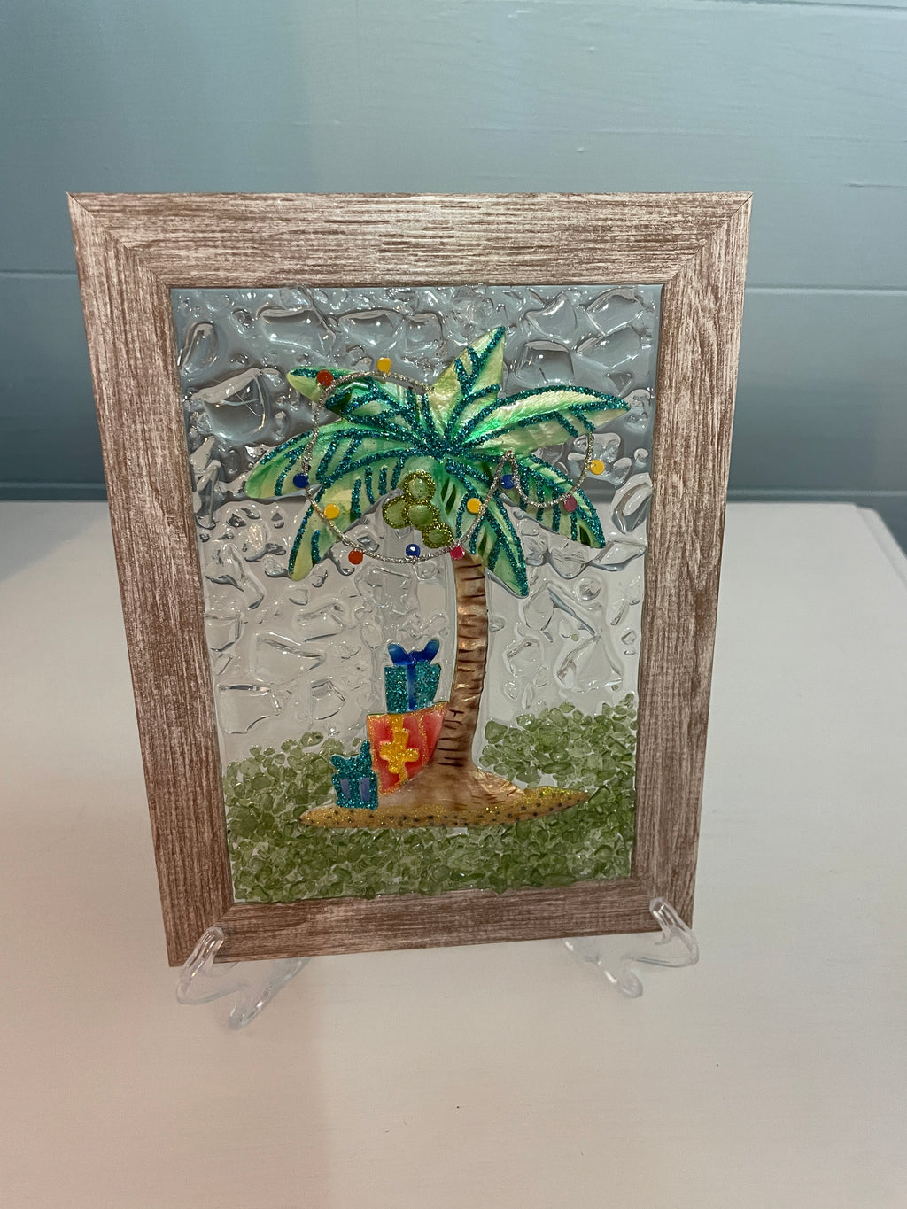 Palm Tree Crushed Glass Art 5" x 7" - Coastal Beach Decor
