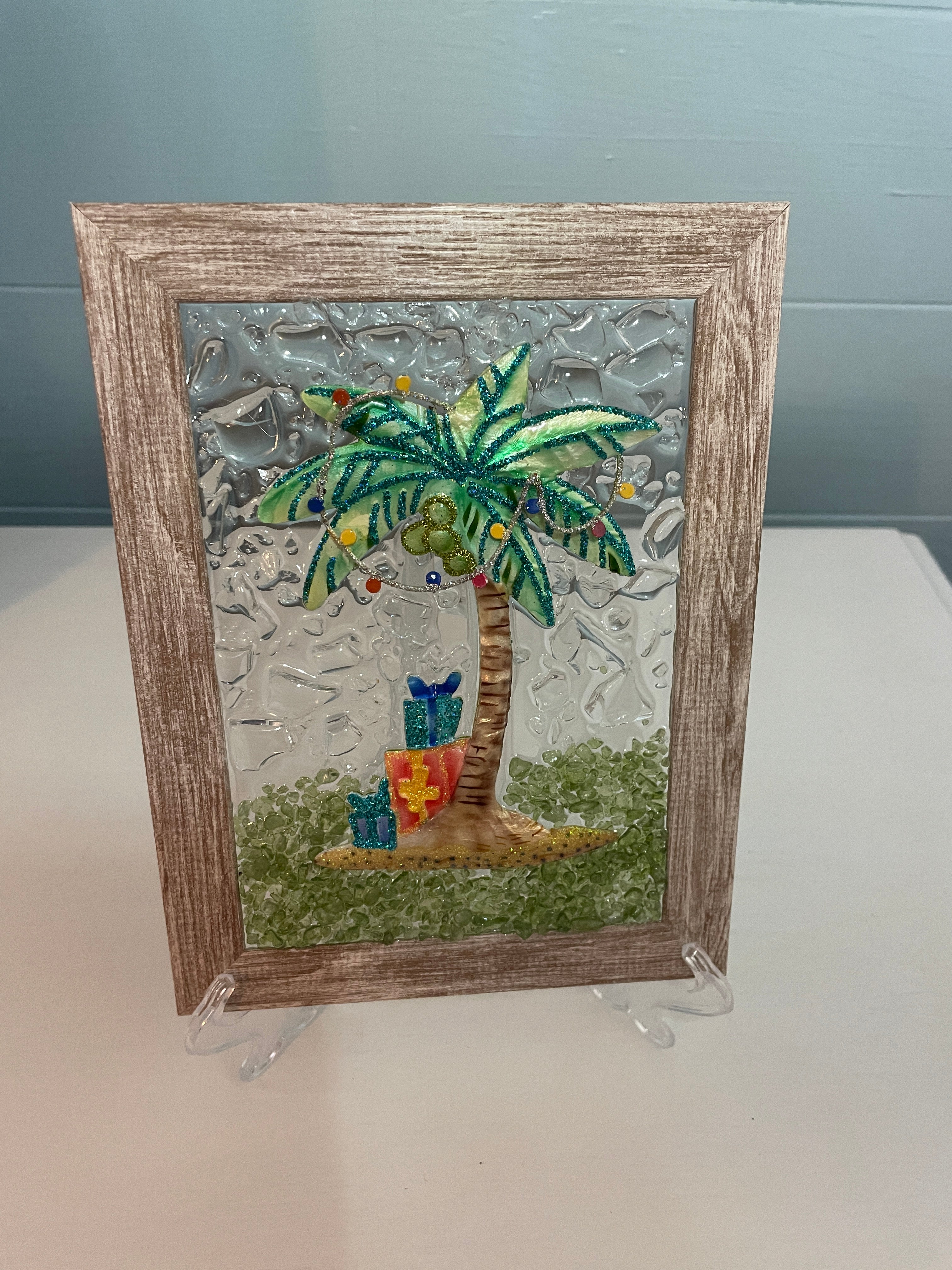 Palm Tree Crushed Glass Art 5" x 7" - Coastal Beach Decor