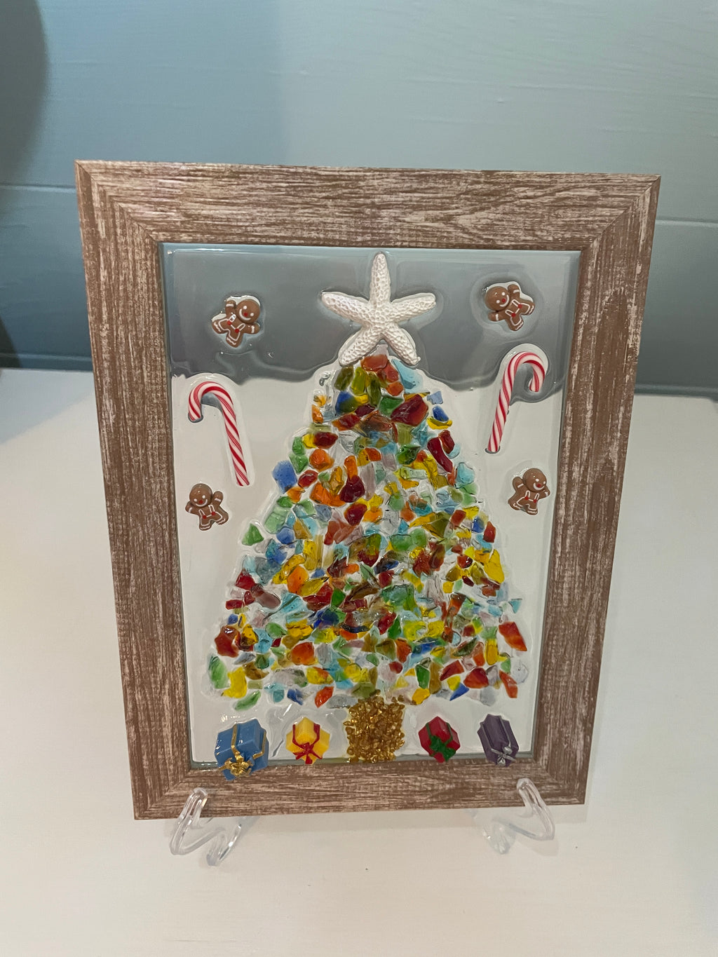 Colorful Christmas Tree with Wrapped Gifts - 5x7 Crushed Glass Holiday Art