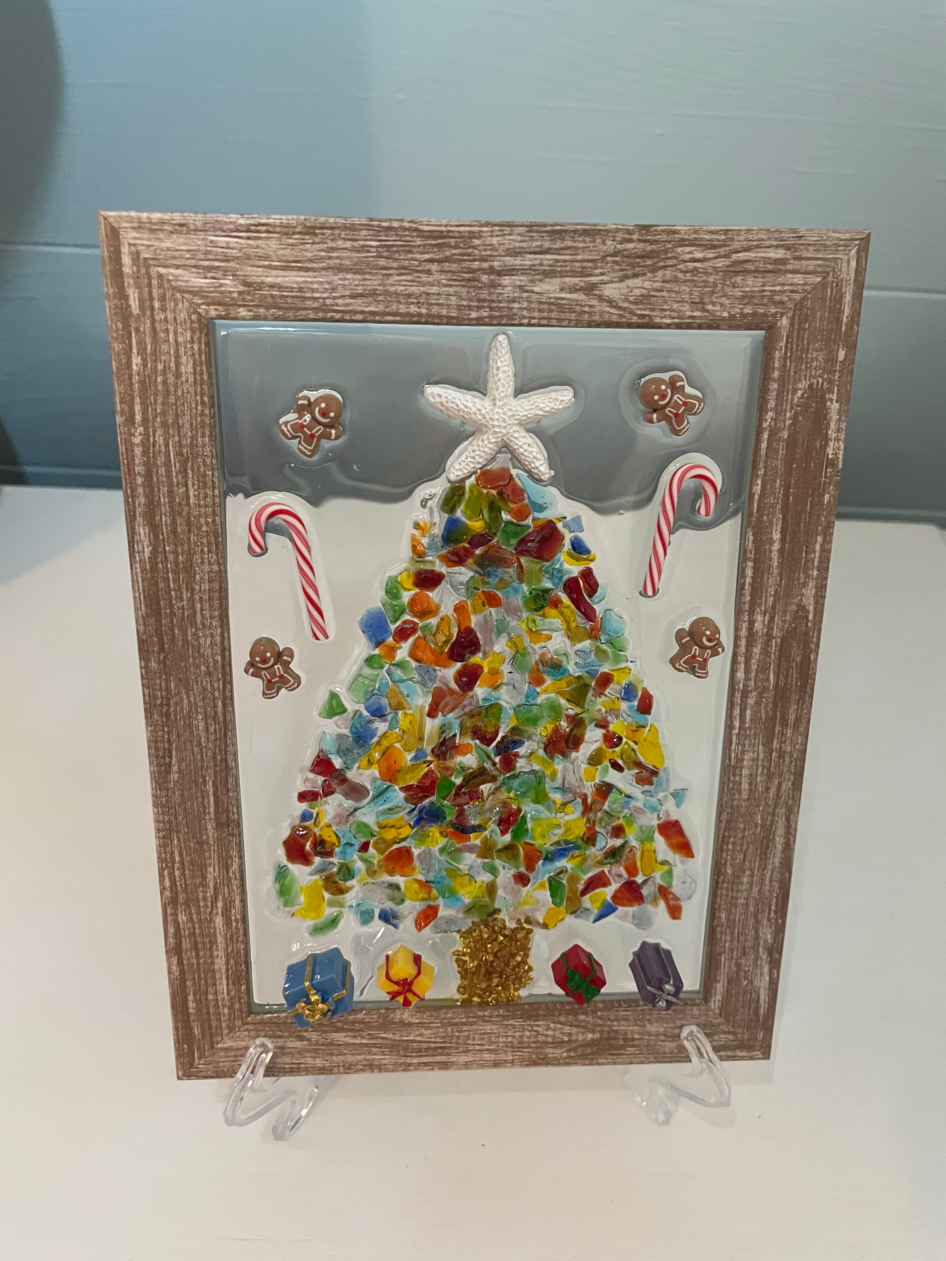 Colorful Christmas Tree with Wrapped Gifts - 5x7 Crushed Glass Holiday Art