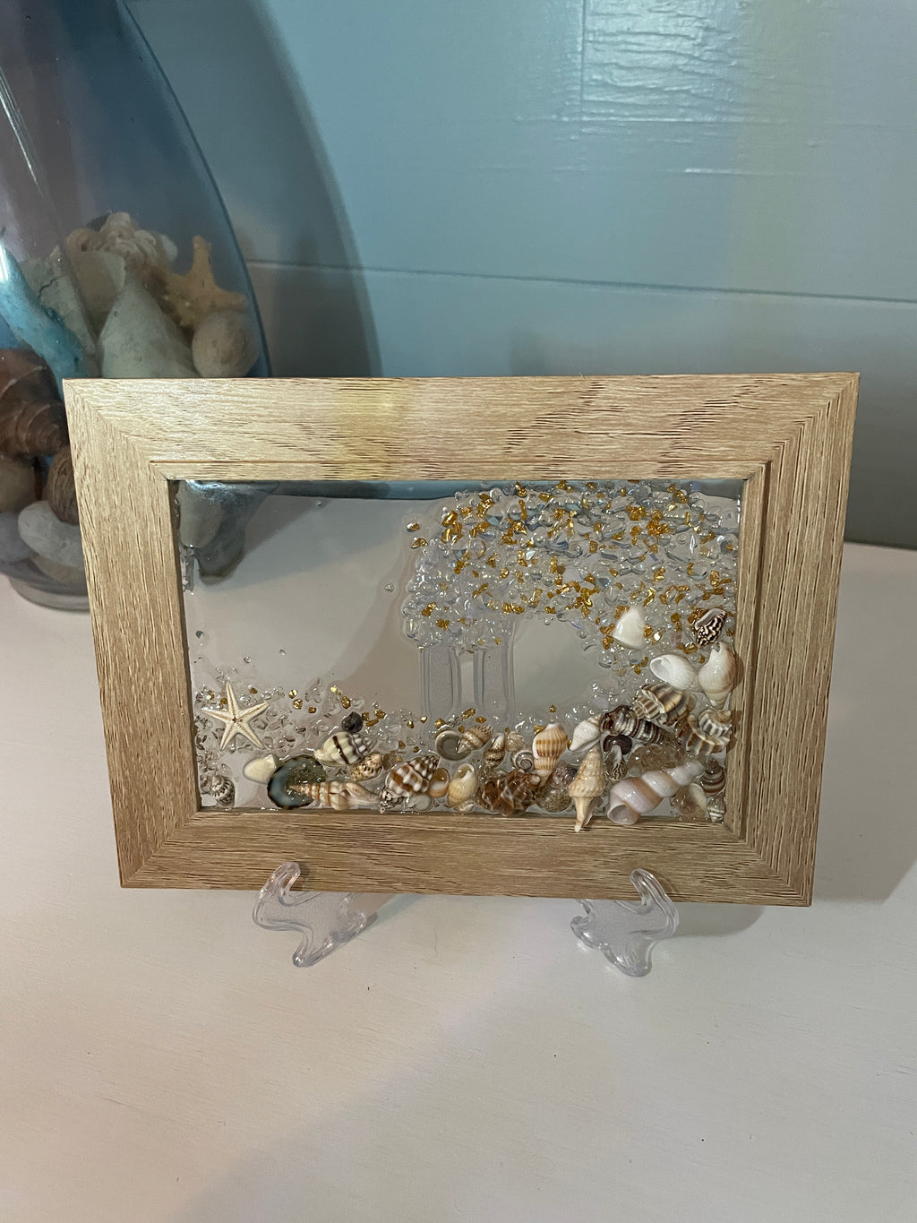 Coastal Wave Art - 4" x 6" Crushed Glass with Shells & Starfish