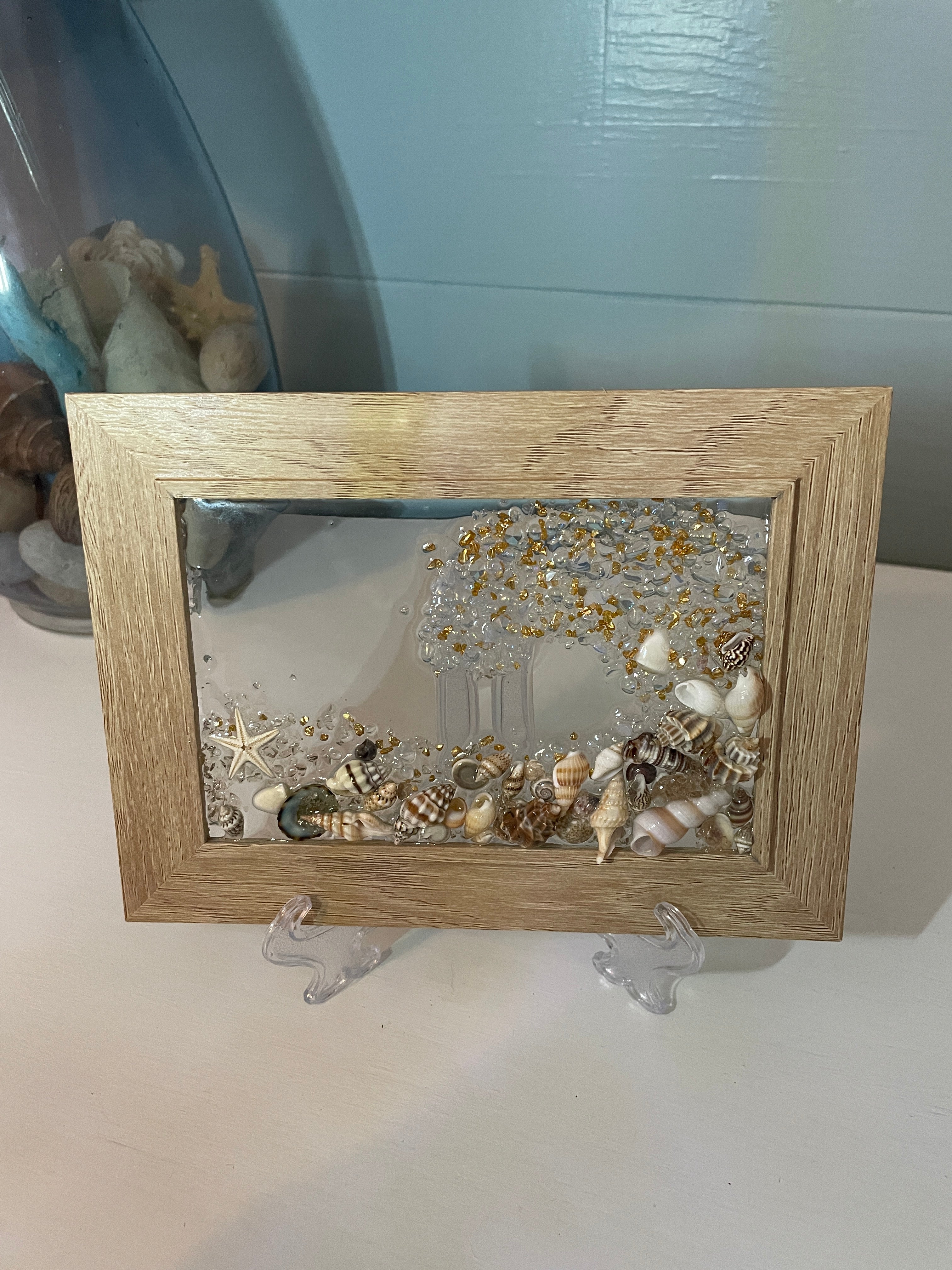 Coastal Wave Art - 4" x 6" Crushed Glass with Shells & Starfish