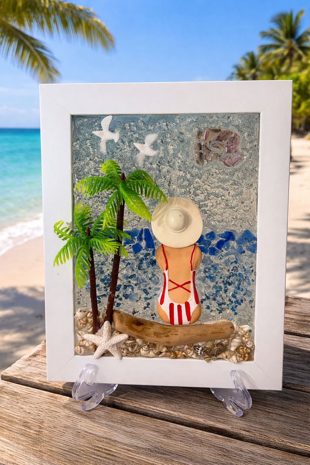 Beach Babe on Driftwood Log - 5" x 7" Crushed Glass Coastal Art