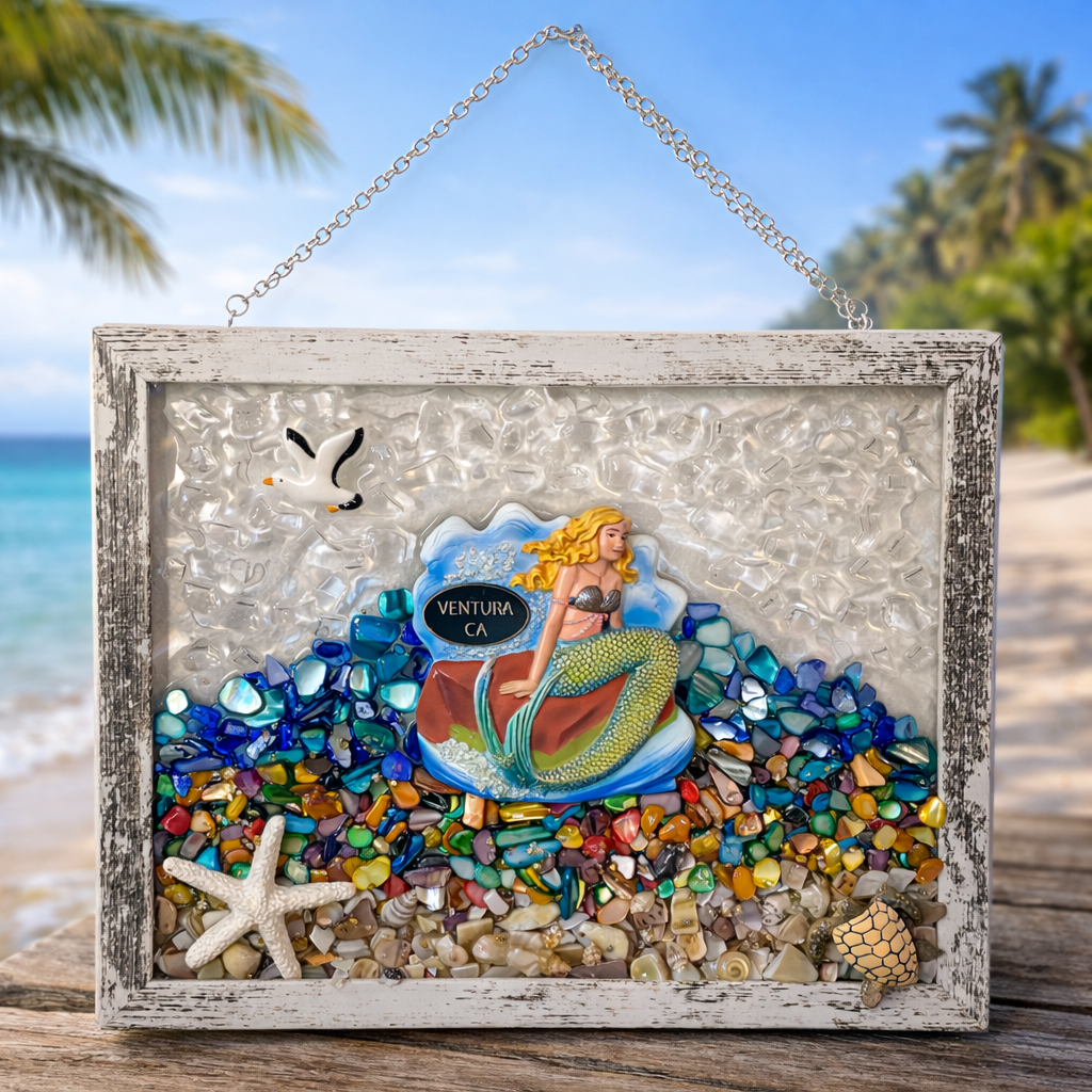 Ventura California Mermaid - 8" x 10" Crushed Glass Coastal Art with Shells