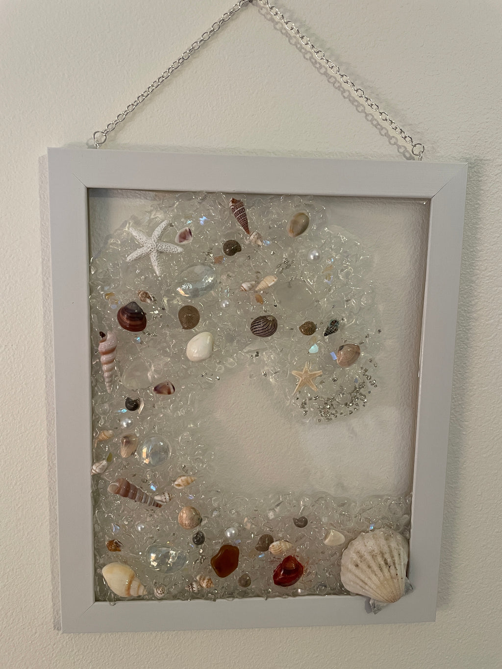 Ocean Wave in White - 8" x 10" Crushed Glass Coastal Art with Shells, Sea Glass & Starfish